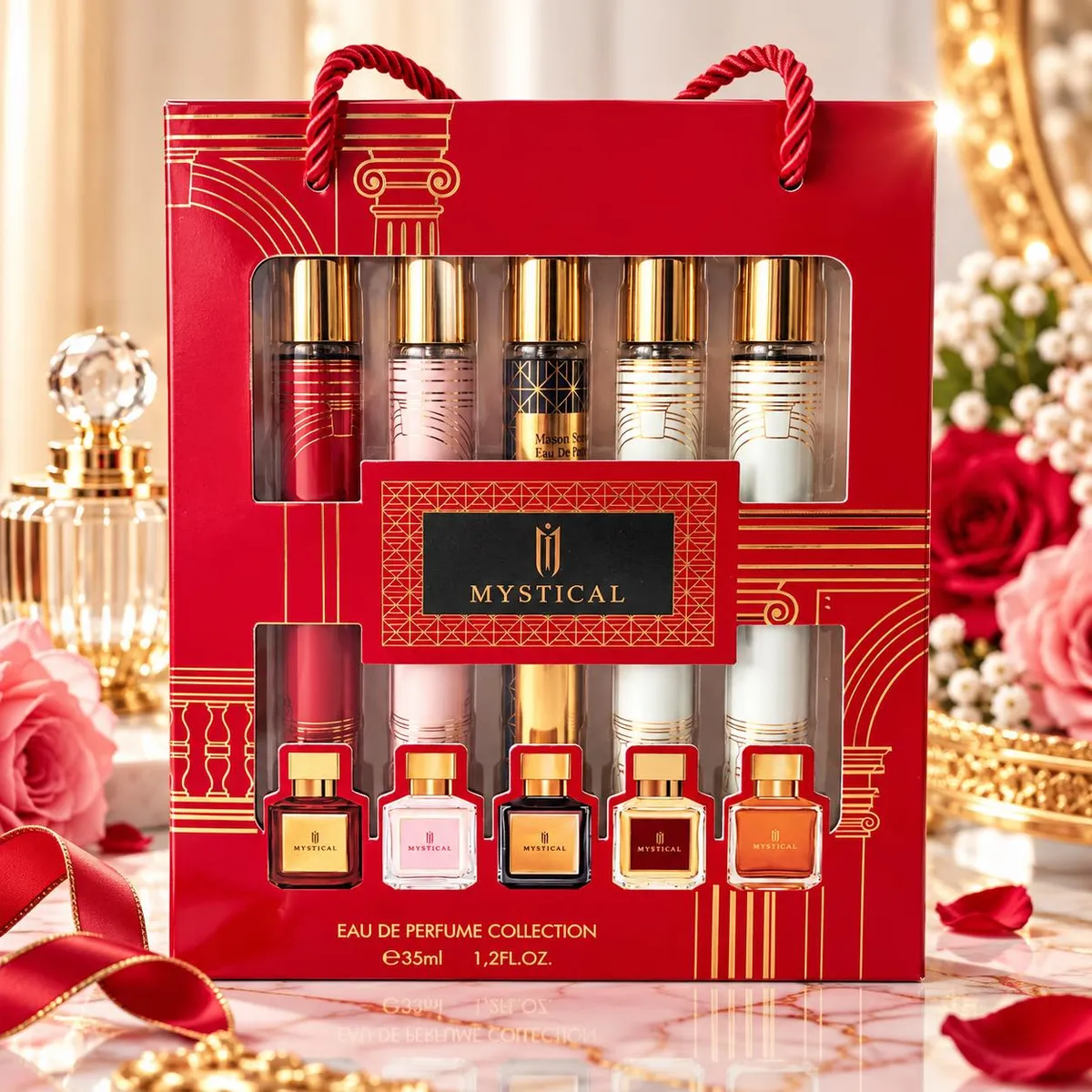 Zestaw 5 perfum Mystical w czerwonym opakowaniu z przezroczystym okienkiem i złotymi nakrętkami