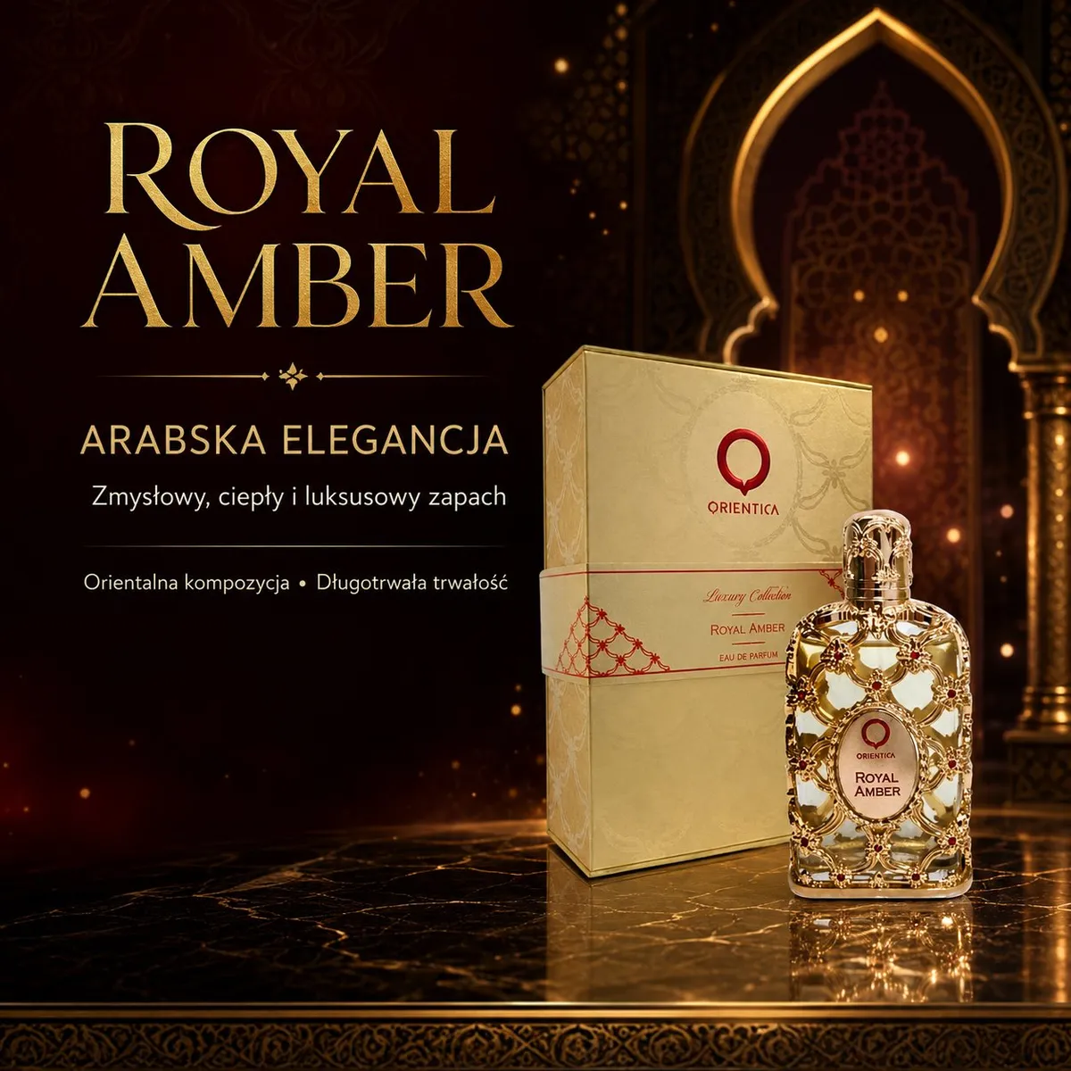 Butelka perfum Royal Amber 100 ml z dekoracyjnym złotym zdobieniem i kremowo-złote opakowanie