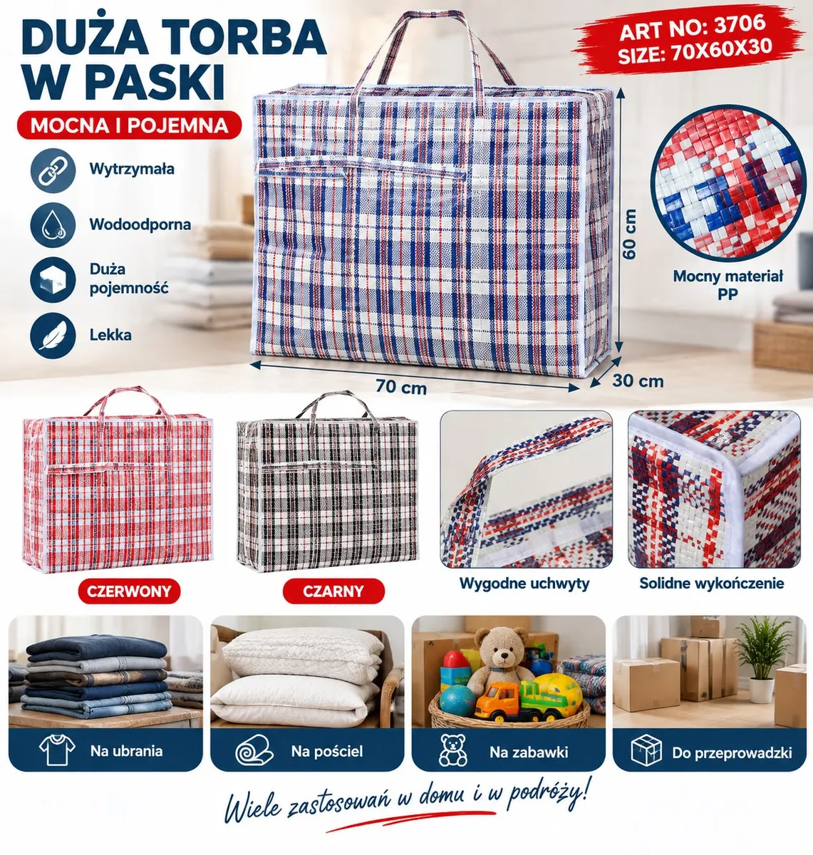 Duża torba transportowa w paski biało-niebiesko-czerwone z wygodnymi uchwytami i solidnym wykończeniem