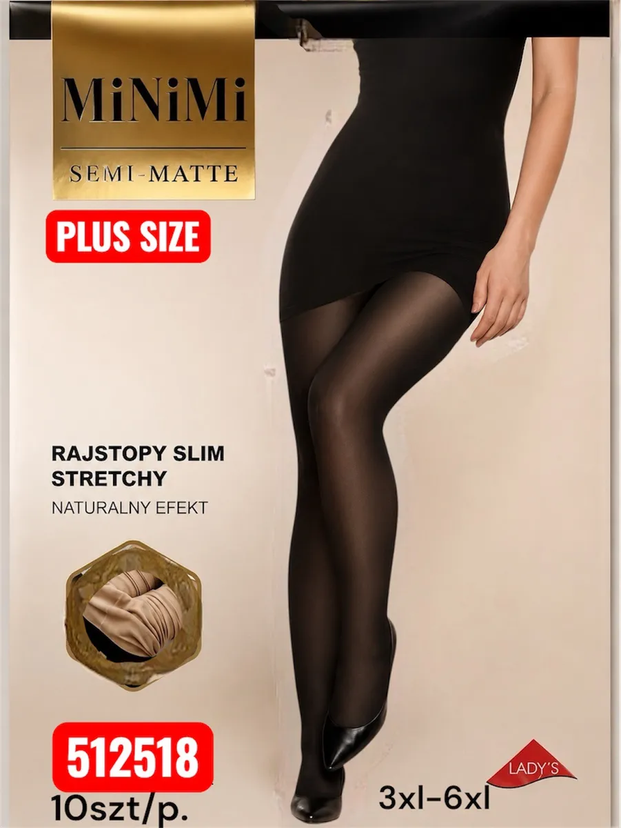 Opakowanie czarnych rajstop MiNiMi slim stretchy plus size 3XL-6XL, model na nogach