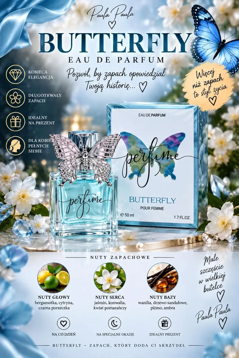 Perfum Butterfly Paula Paula 50 ml z błękitnym płynem i srebrnym motylem na butelce