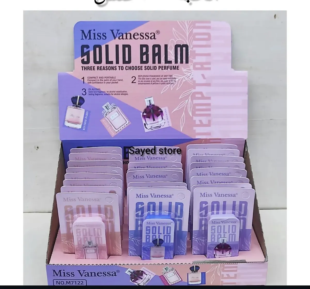 Zestaw perfum Miss Vanessa Solid Balm w kompaktowych opakowaniach różowo-fioletowych z przesuwaną pokrywką