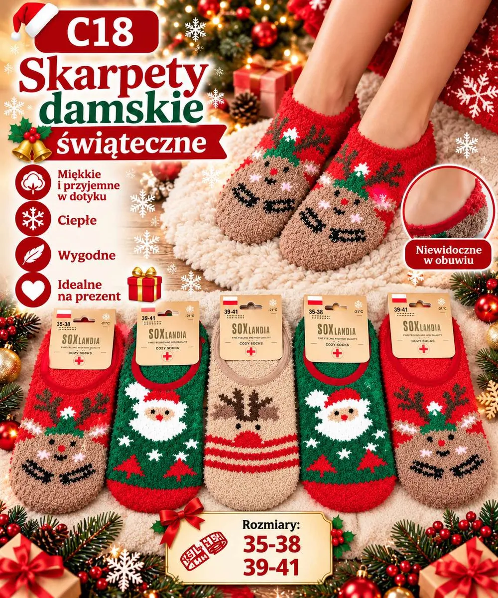 Skarpety damskie świąteczne z motywem renifera i Mikołaja w rozmiarach 35-38 i 39-41