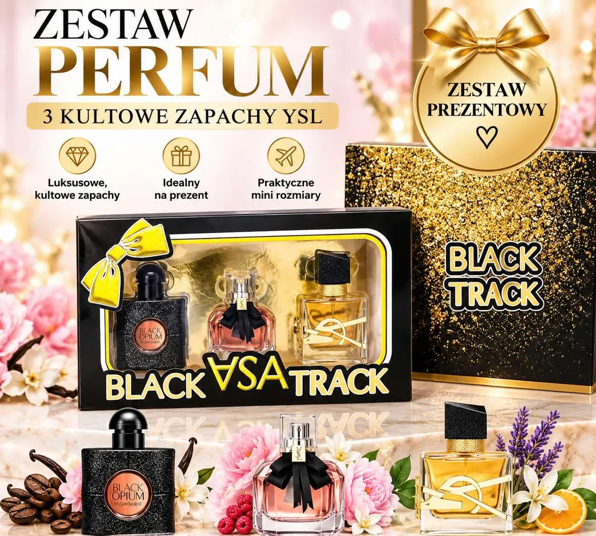 Zestaw prezentowy perfum YSL z trzema miniaturami w czarno-złotym opakowaniu