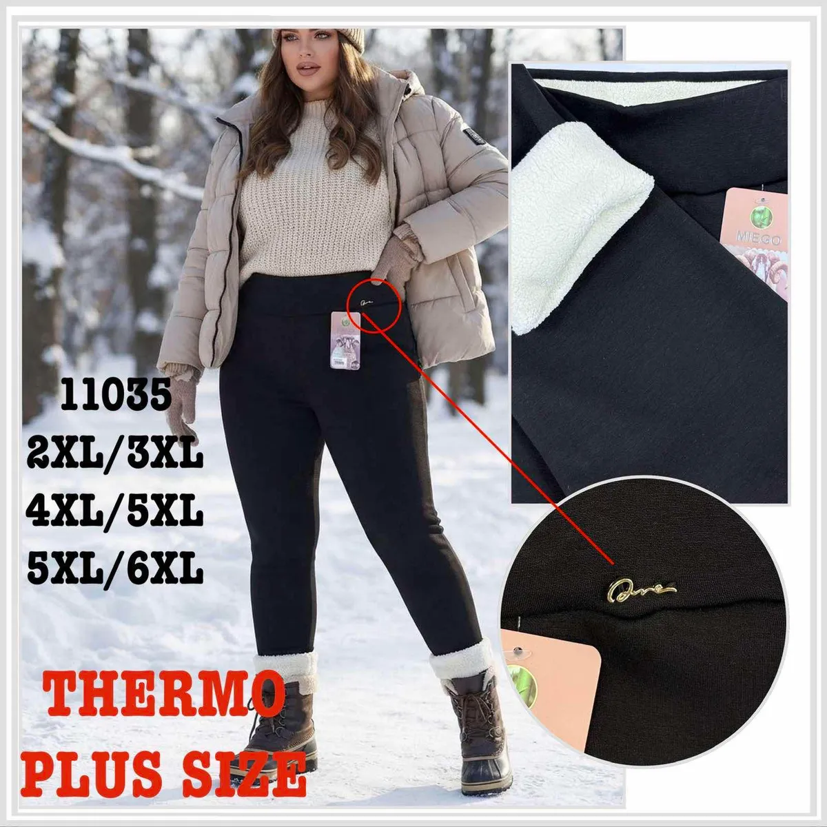Kobieta w czarnych ocieplanych legginsach Thermo Plus Size na śniegu, detal futerka i złotej ozdoby