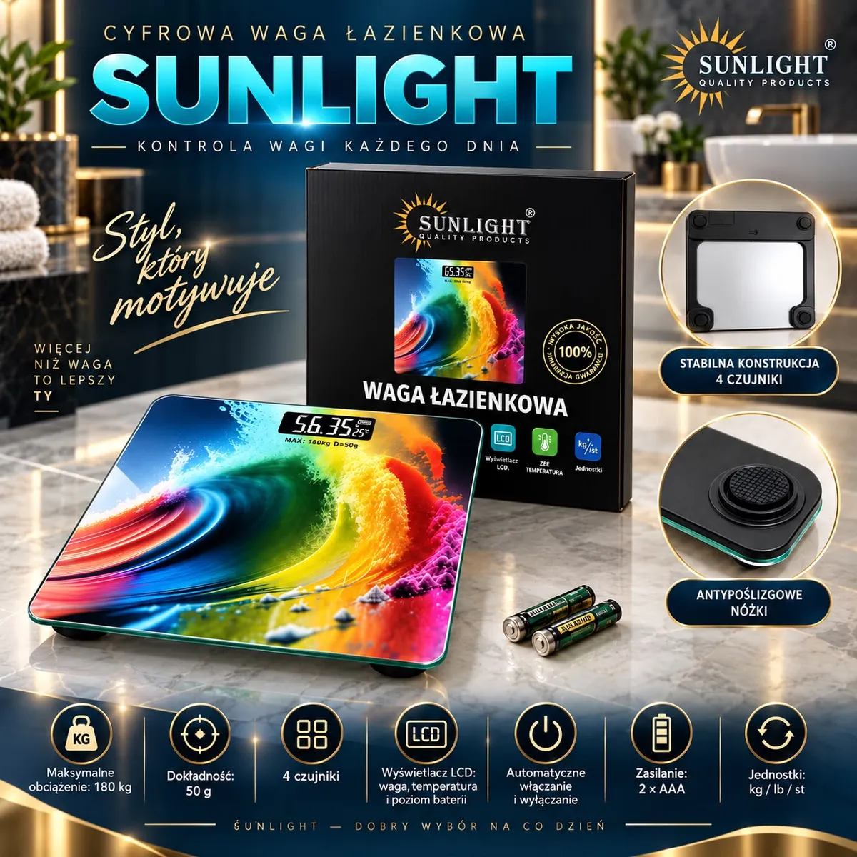 Cyfrowa waga łazienkowa SUNLIGHT z kolorowym wzorem, wyświetlaczem LCD i antypoślizgowymi nóżkami