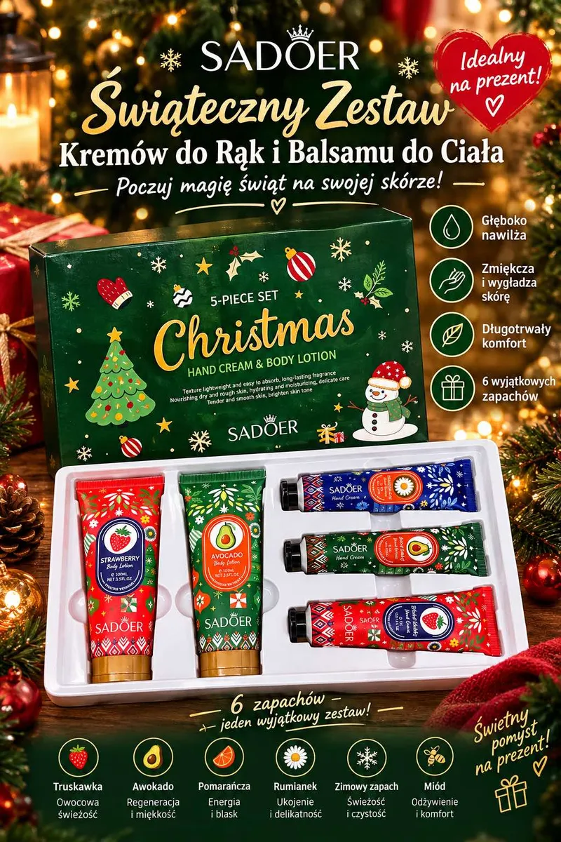Świąteczny zestaw SADOER kremów do rąk i balsamów do ciała w zielonym pudełku z motywem choinki i bałwanka