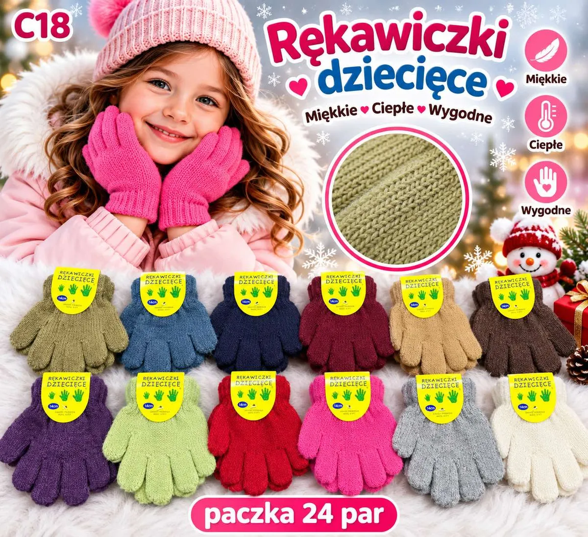 Rękawiczki dziecięce w różnych kolorach ułożone na białym futerku, dziewczynka w różowej kurtce i czapce