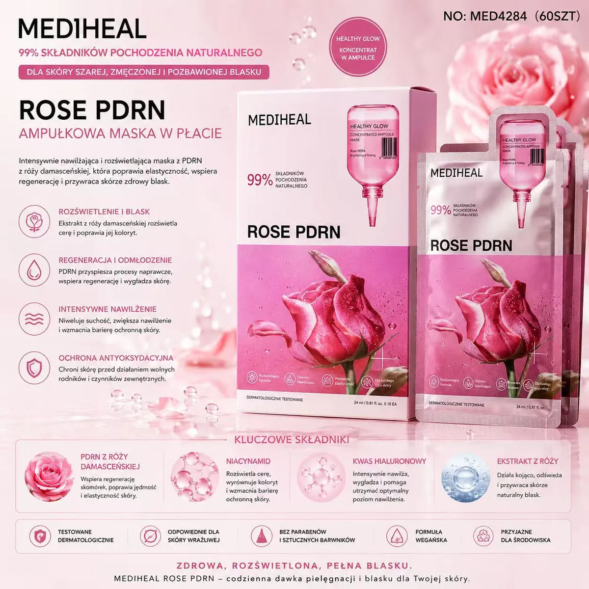 Opakowanie różowej maski w płacie Mediheal Rose PDRN z grafiką róży i ampułką