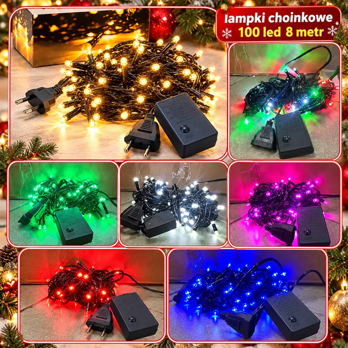 Lampki choinkowe LED na czarnym przewodzie w różnych kolorach świecenia z wtyczką i kontrolerem