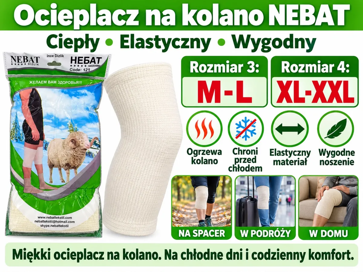Beżowy ocieplacz na kolano NEBAT w opakowaniu z grafiką owcy i zdjęciami zastosowania