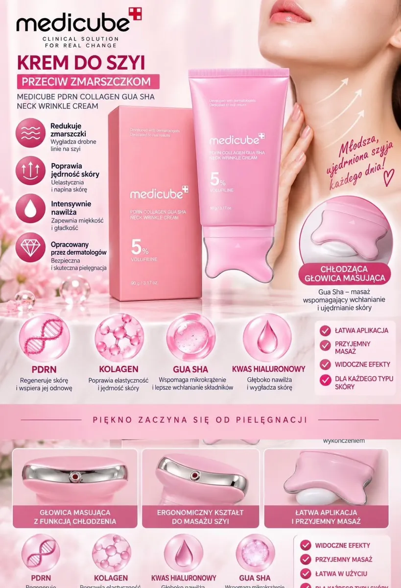 Różowy krem do szyi Medicube 90g z ergonomicznym masażerem chłodzącym i opakowaniem