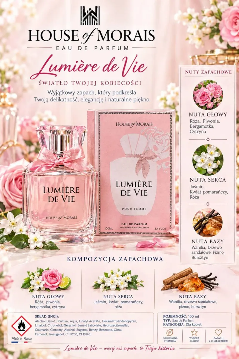 Butelka perfum House of Morais Lumière de Vie 100 ml z różowym płynem i opakowanie z kokardką