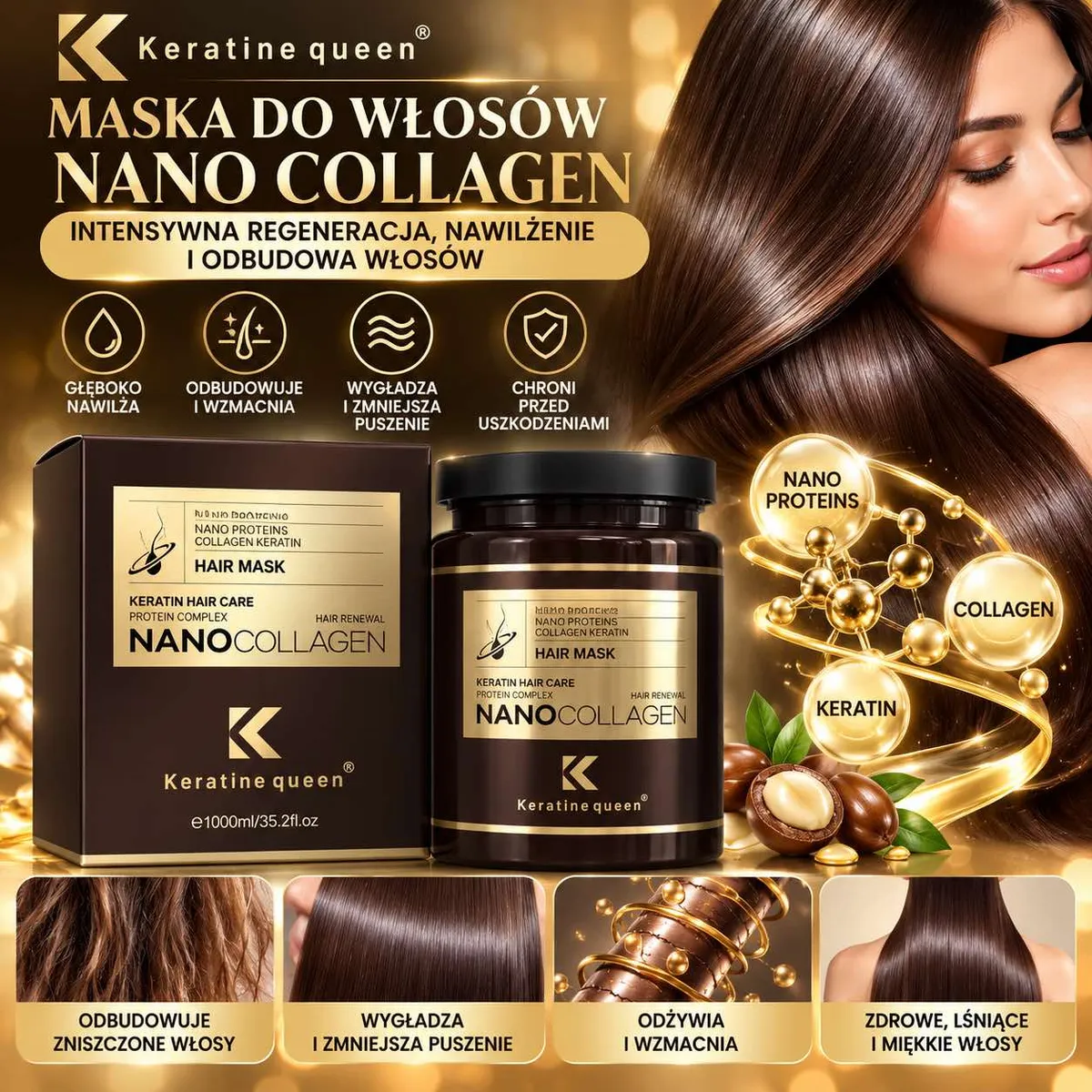Opakowanie maski do włosów Keratine Queen Nano Collagen 1000 ml w ciemnobrązowym słoiku z złotym nadrukiem