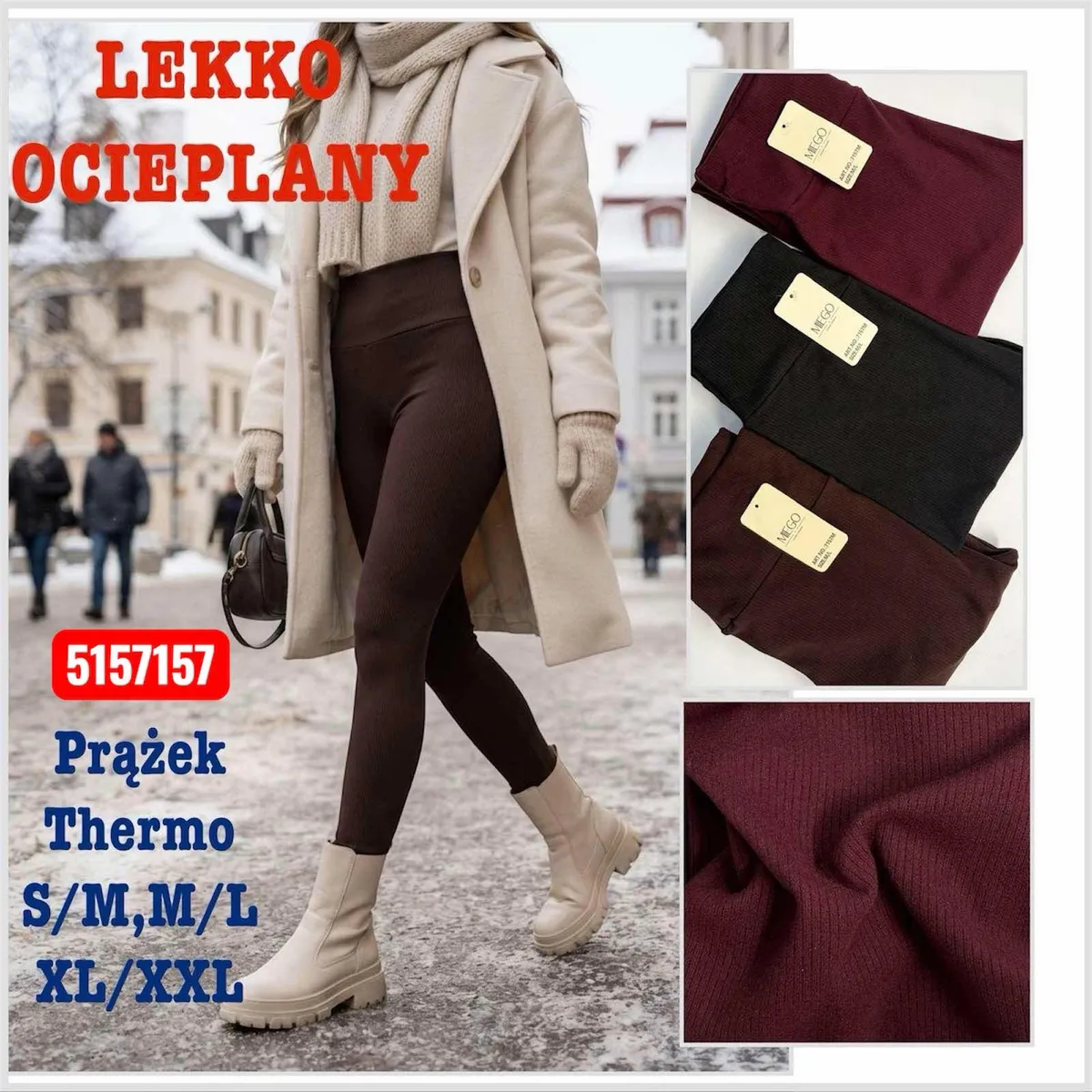 Legginsy damskie prążkowane termo w kolorach bordowym, czarnym i brązowym, materiał zbliżenie