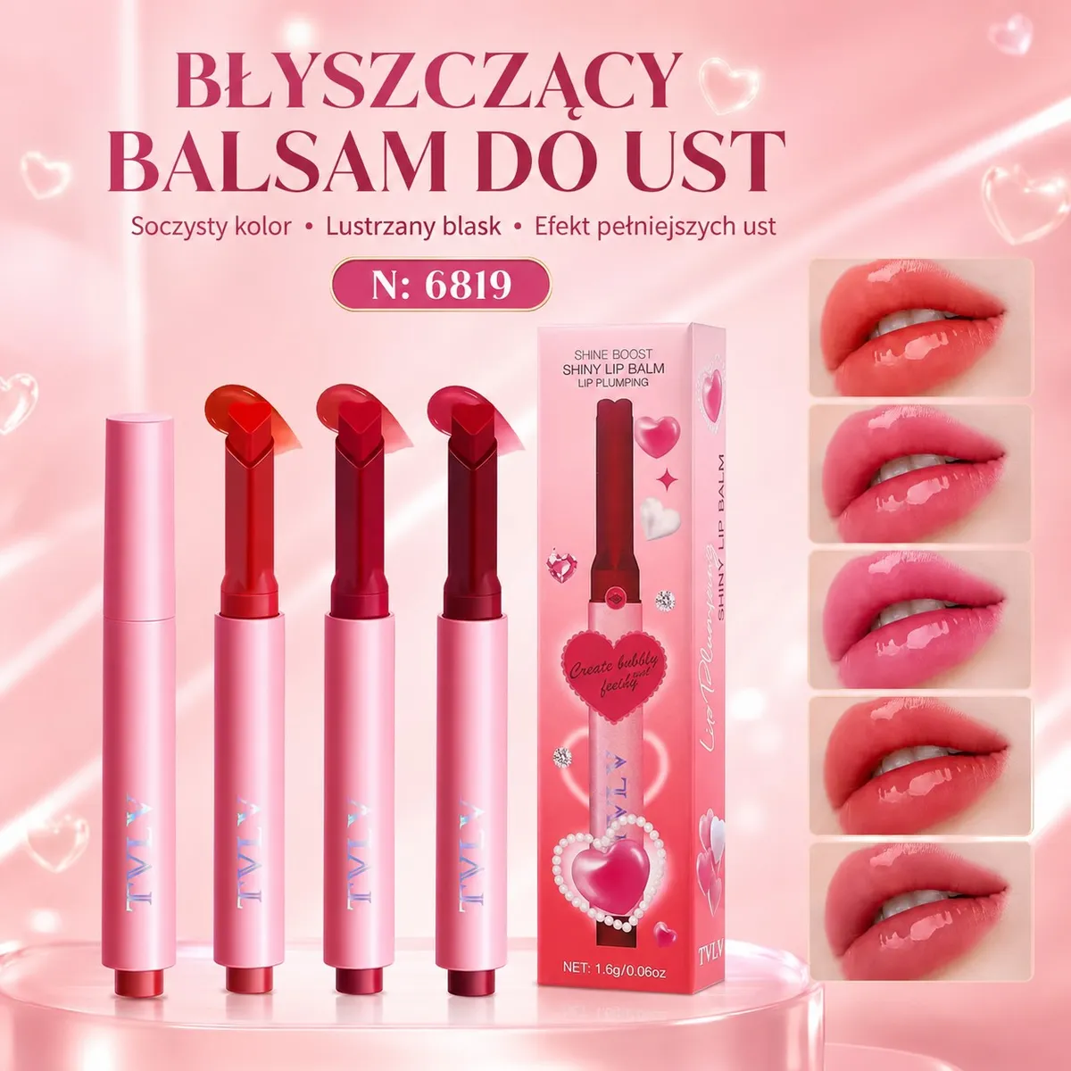 Błyszczący balsam do ust TVLY w różowej tubce z sercowatym sztyftem i efektami na ustach
