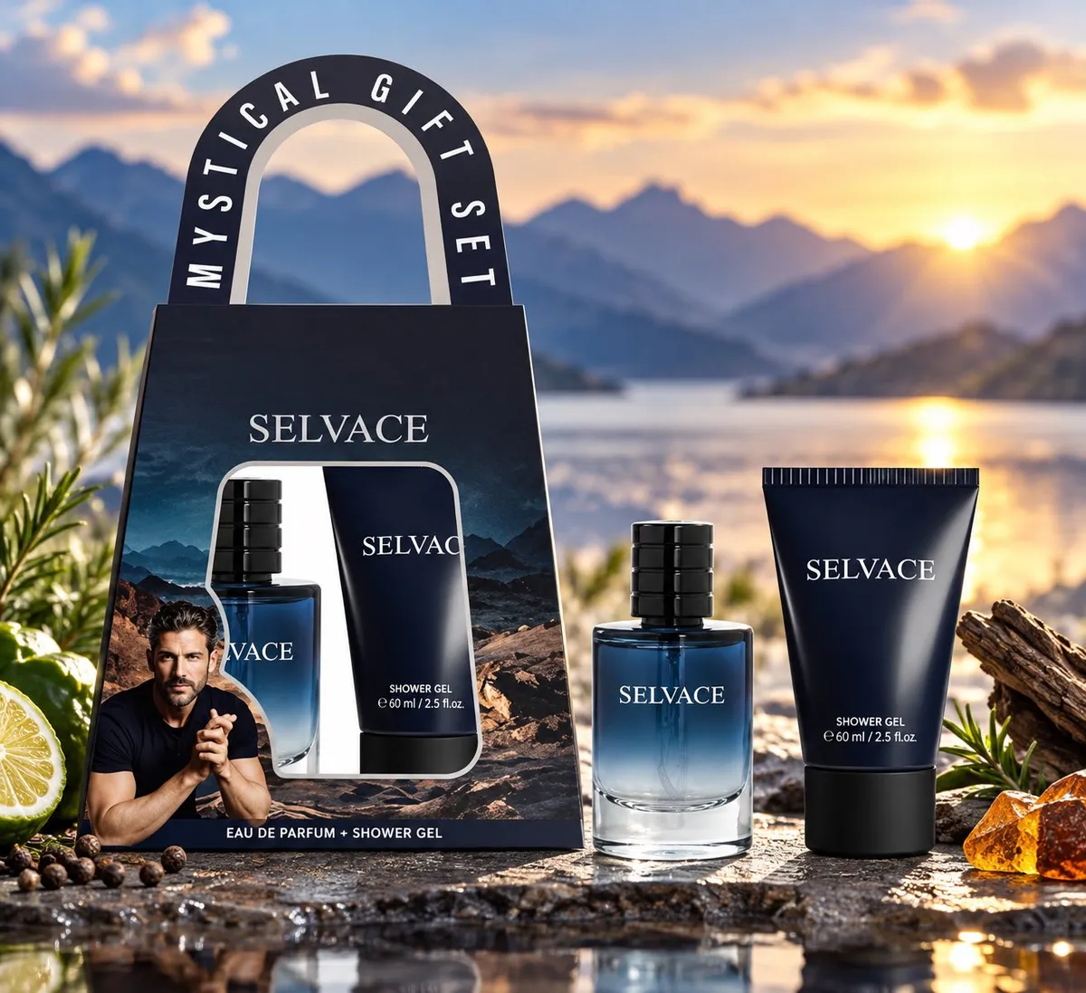 Zestaw prezentowy Selvace z perfumami 30ml i żelem pod prysznic 60ml w granatowym opakowaniu torebka