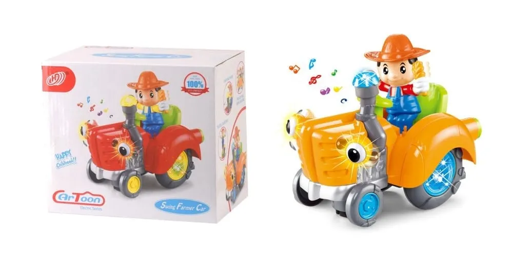 pomarańczowy plastikowy traktor z figurką farmera w kapeluszu, świecące światła i muzyka