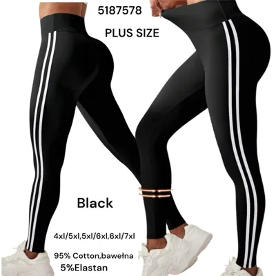 Czarne legginsy plus size z dwoma białymi paskami po bokach, rozmiary 4XL-7XL, bawełna z elastanem