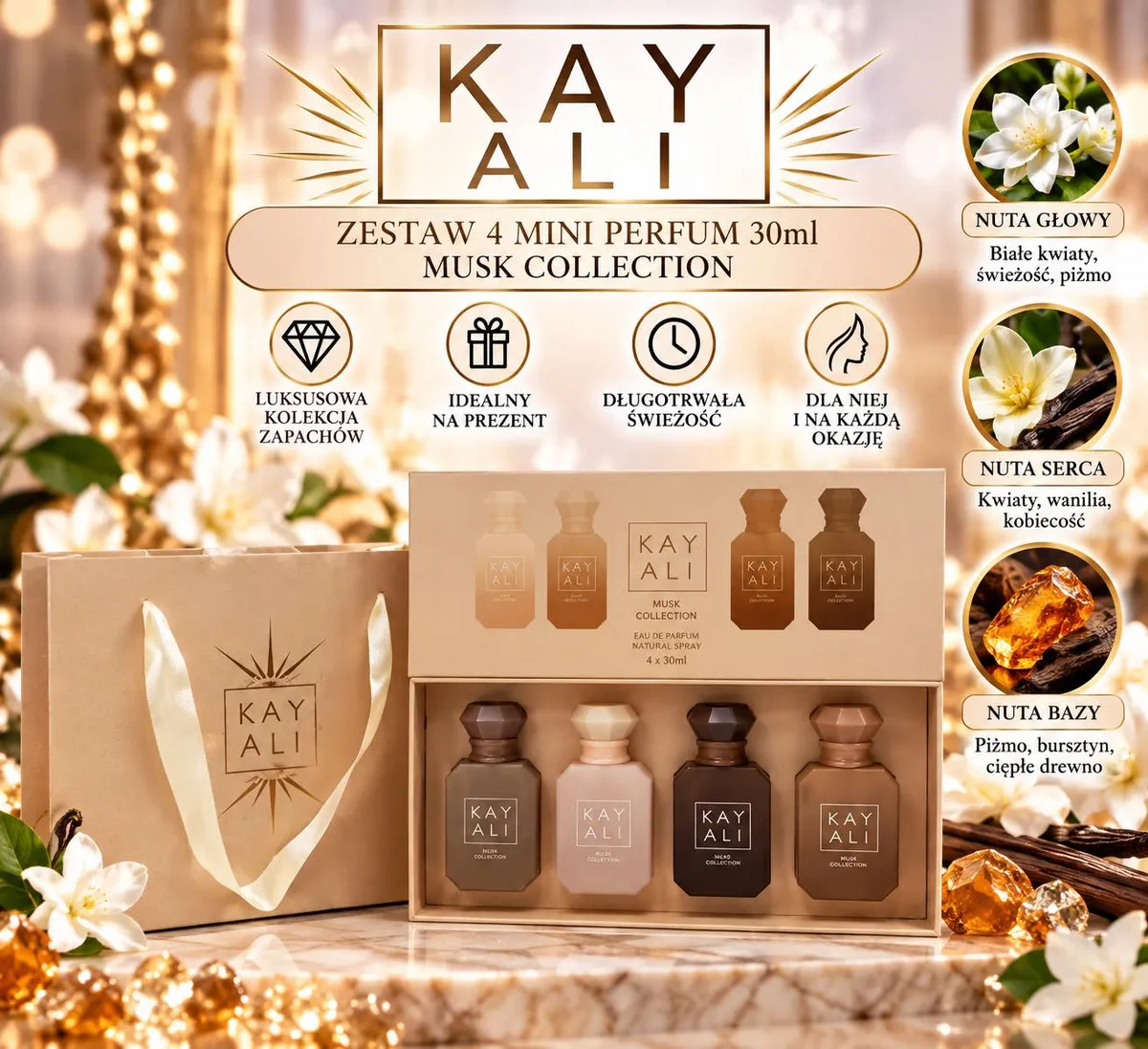Zestaw 4 mini perfum Kay Ali Musk Collection 30 ml w eleganckim beżowo-brązowym opakowaniu z torebką prezentową