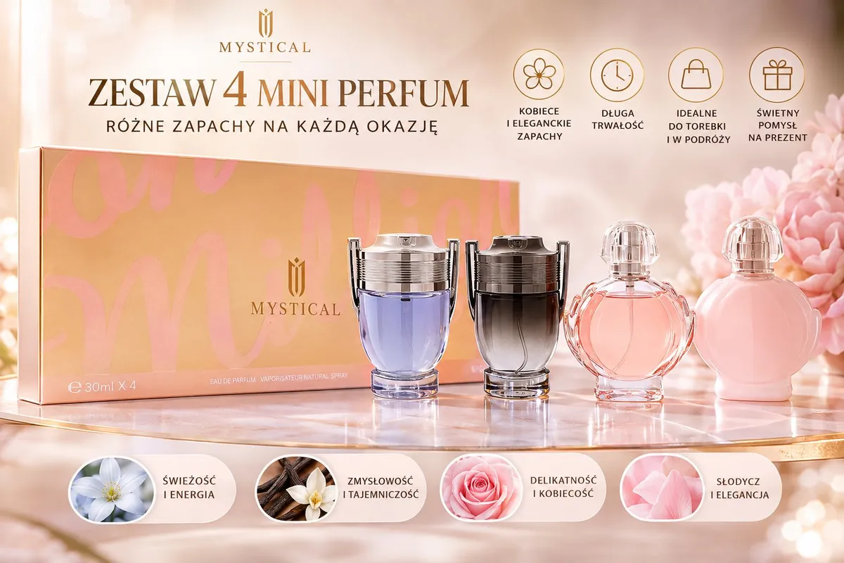 Zestaw 4 mini perfum Mystical w butelkach różnorodnych kształtów i kolorów z opakowaniem