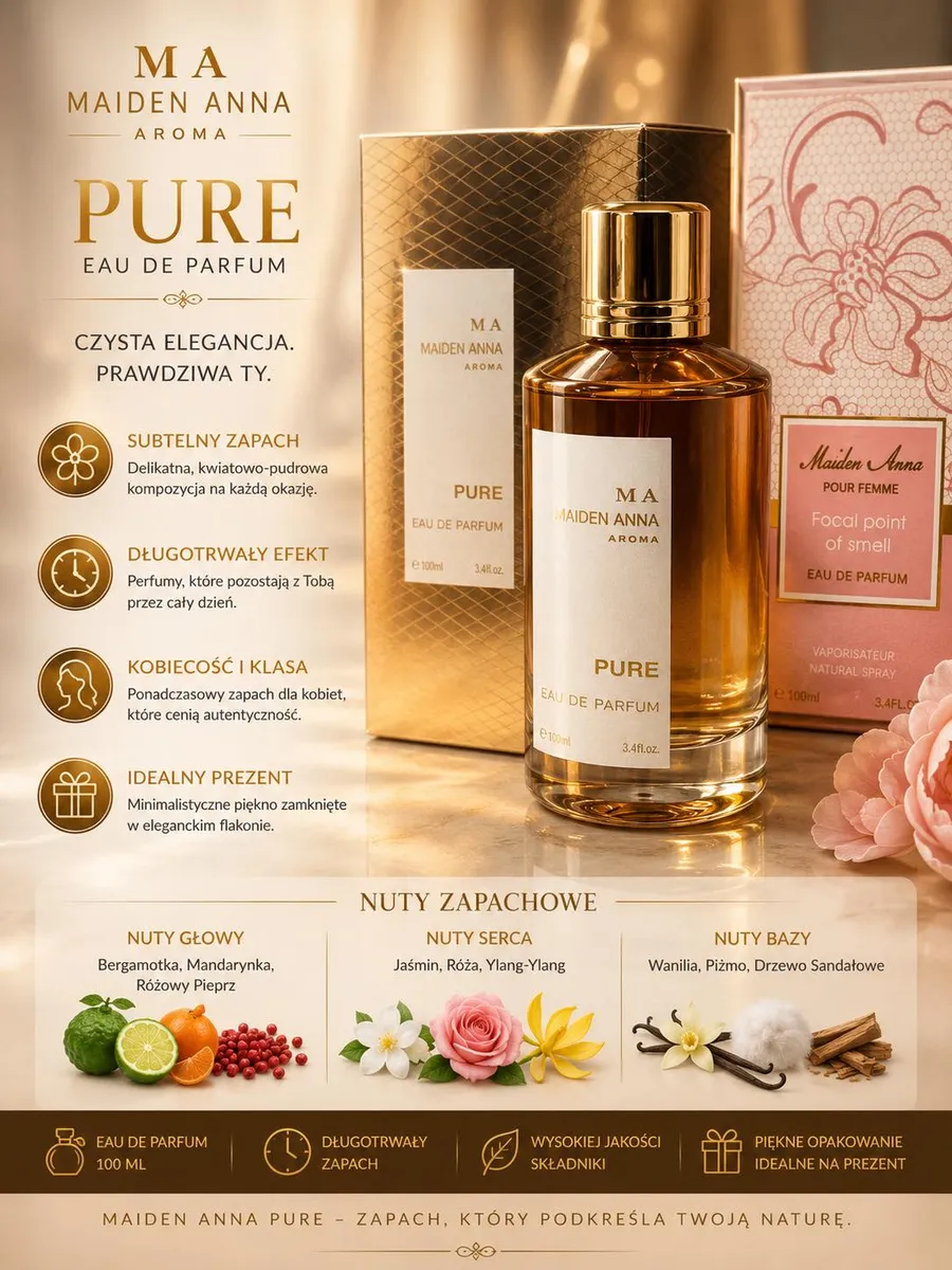 Perfumy Maiden Anna Pure 100ml w złotym flakonie z eleganckim opakowaniem i opisem nut zapachowych