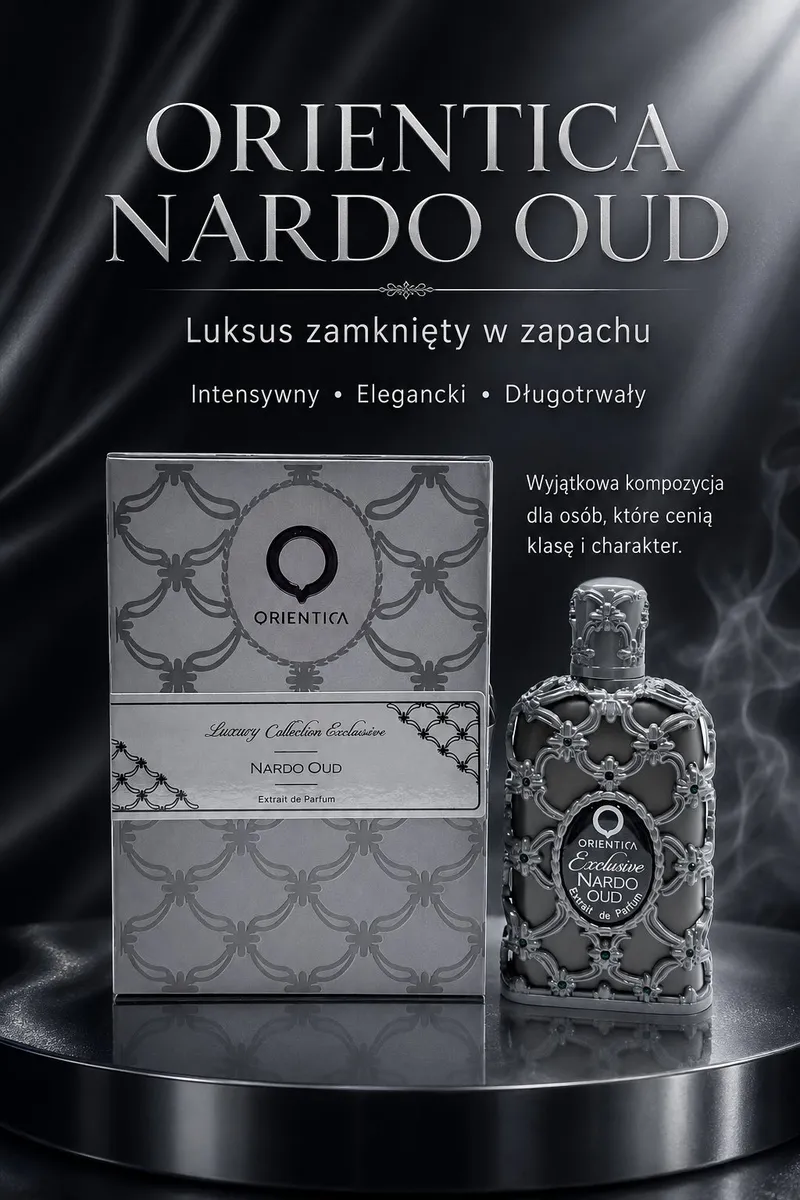 Butelka perfum Orientica Nardo Oud 100 ml z dekoracyjną srebrną siatką i szare opakowanie z wzorem