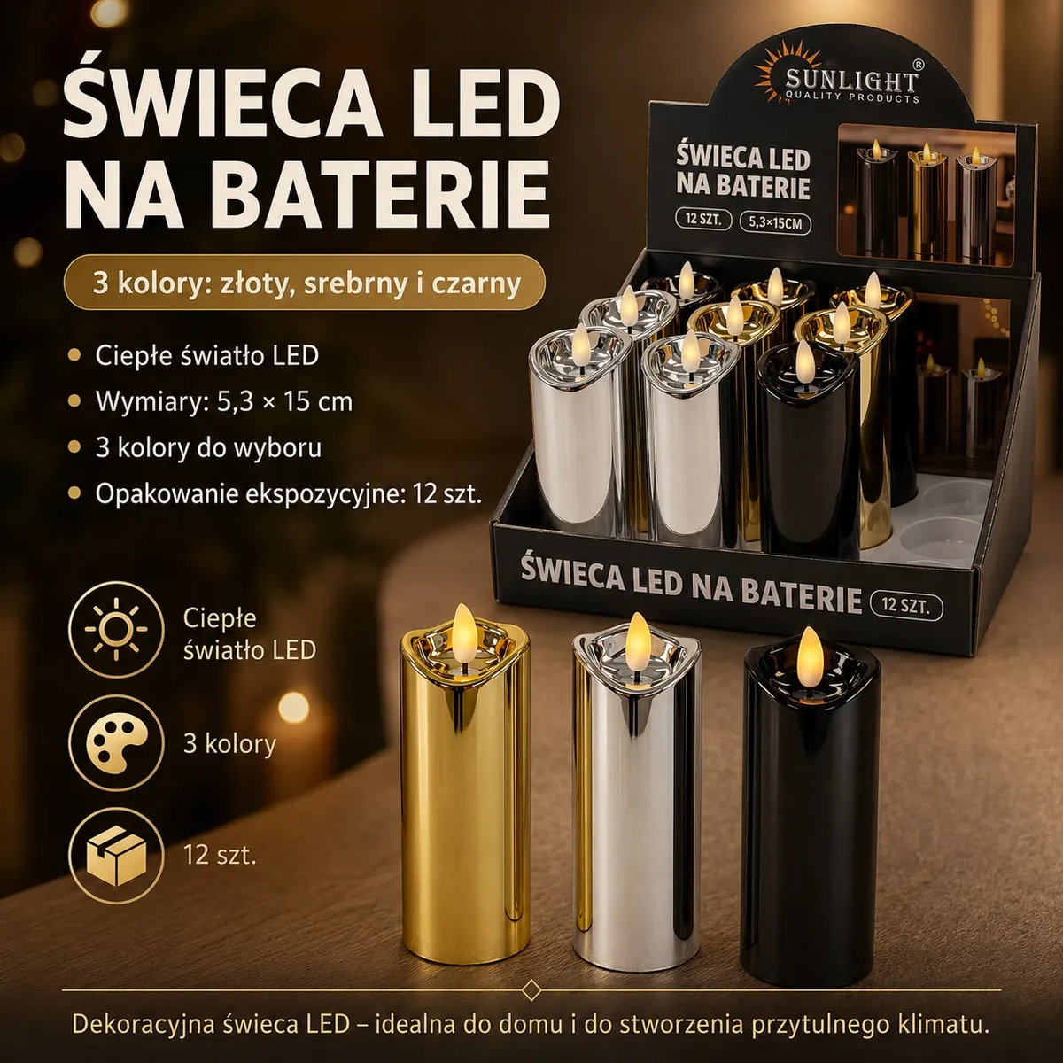 Dekoracyjne świece LED na baterie w kolorach złotym, srebrnym i czarnym, 5,3x15 cm, opakowanie 12 sztuk