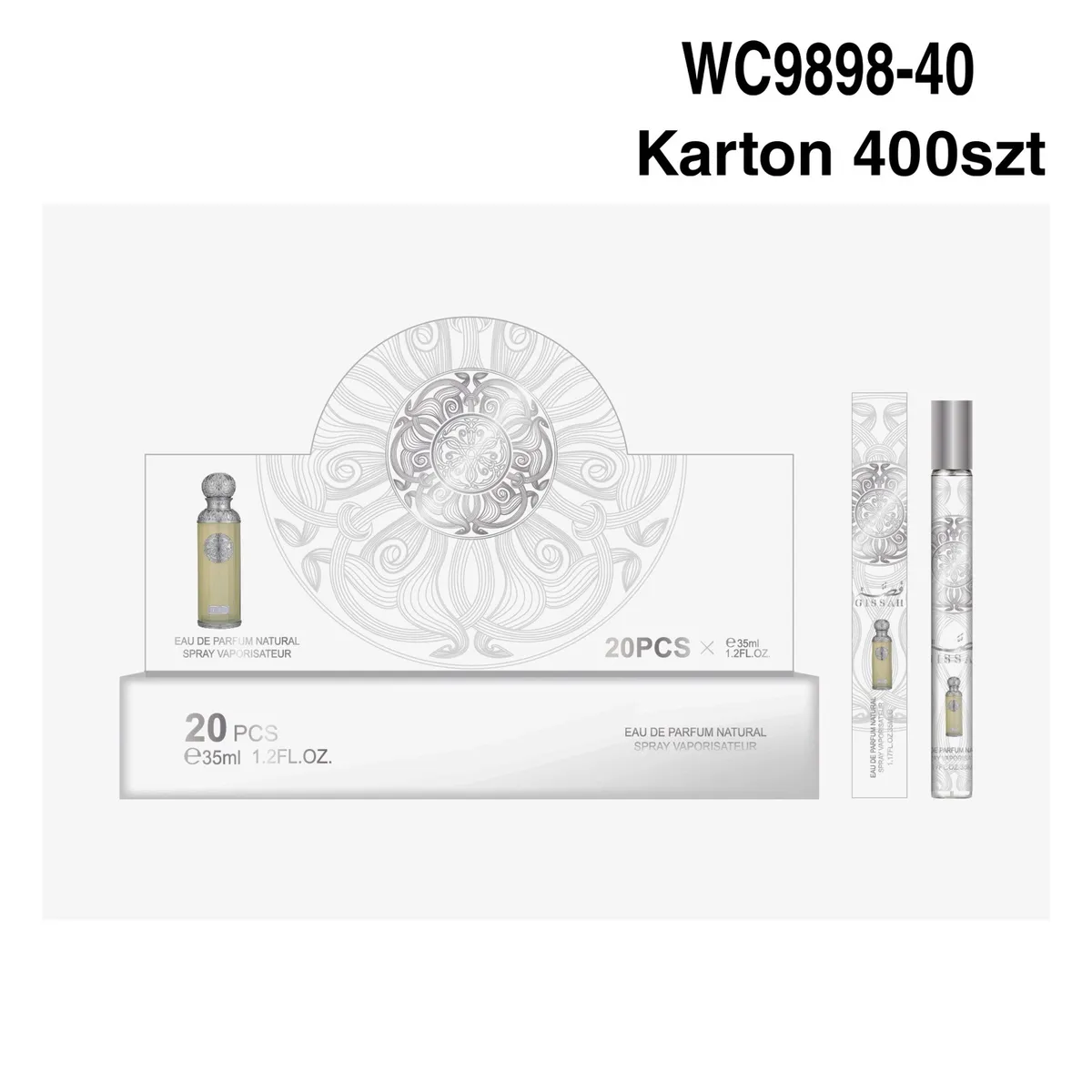 Perfumetki Arabskie 35ml w przezroczystych flakonikach z srebrnym wzorem, opakowanie zbiorcze 20 sztuk