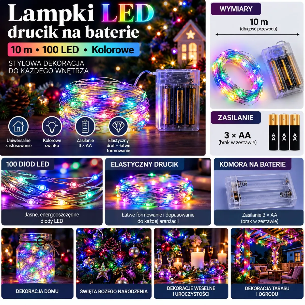 Kolorowe lampki LED na elastycznym druciku 10 m z transparentną komorą na baterie 3×AA