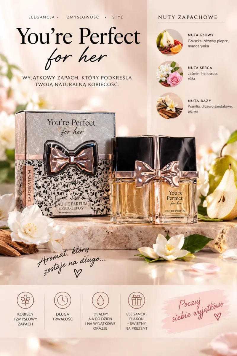 Flakon damskich perfum You're Perfect for her z czarną nakrętką i różowo-złotą kokardą obok ozdobnego pudełka