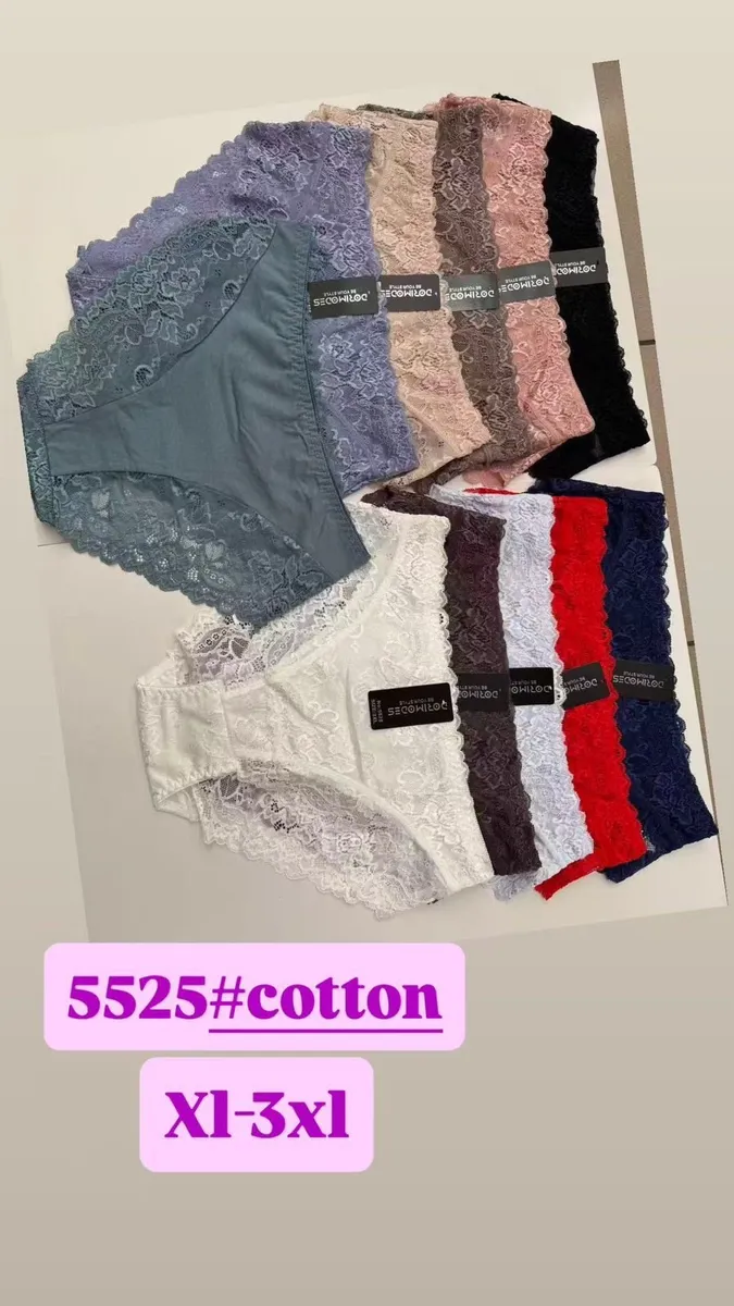 Majtki damskie koronkowe w różnych kolorach ułożone na białym tle, rozmiary XL-3XL