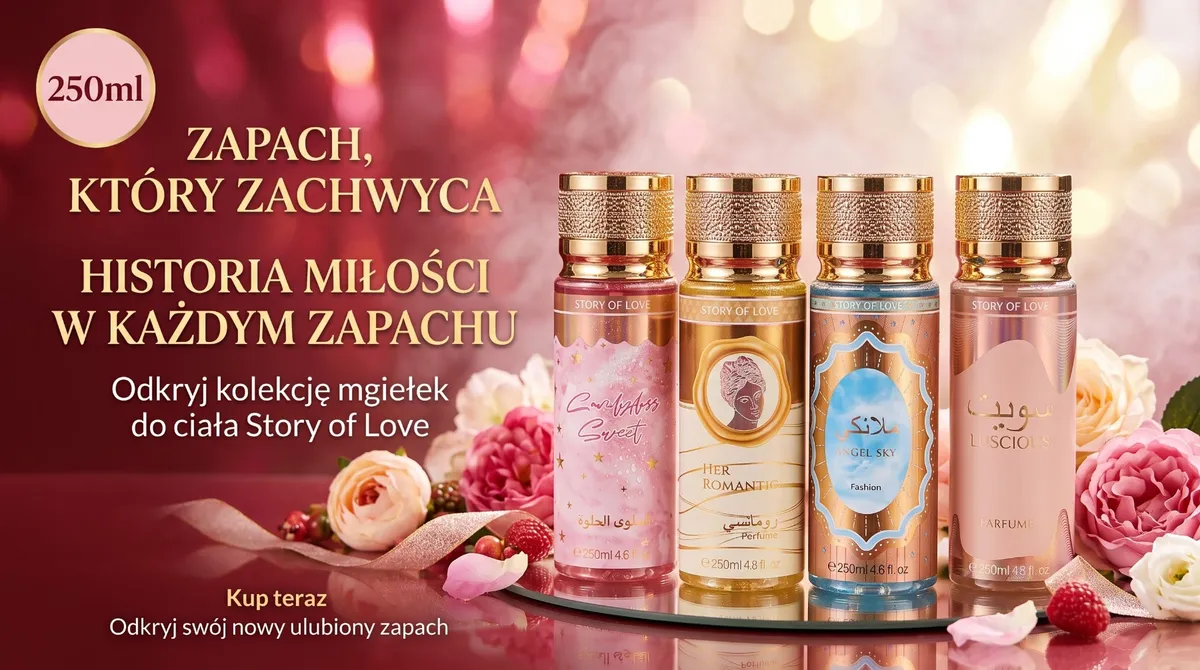 cztery butelki mgiełek do ciała 250 ml z kolekcji Story of Love na tle kwiatów i czerwonych dekoracji