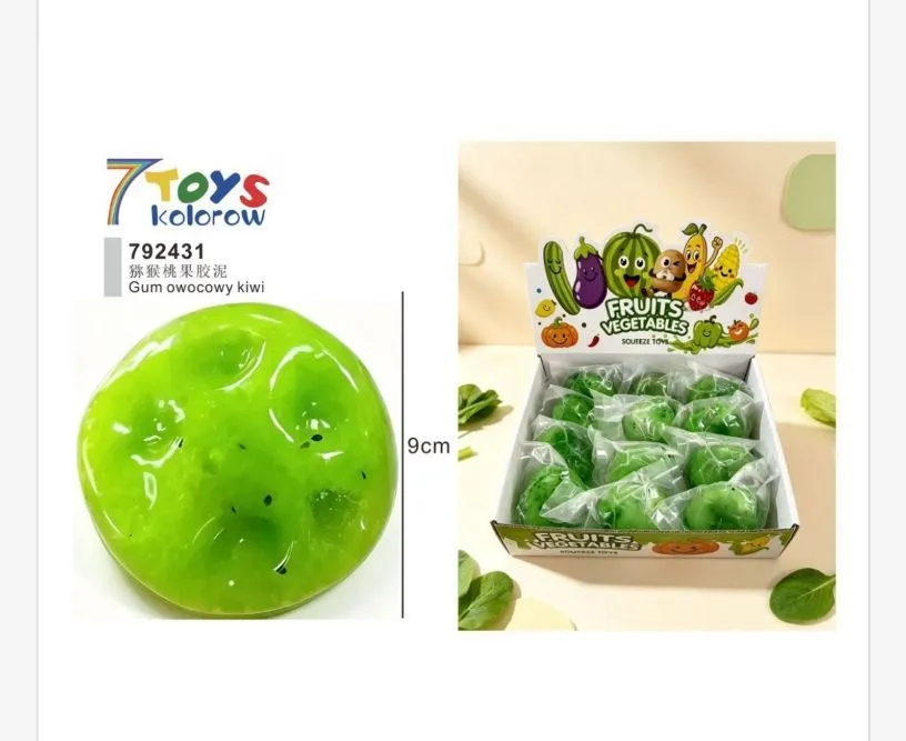 zielona gumowata zabawka w kształcie owocu kiwi o średnicy 9 cm w opakowaniu zbiorczym