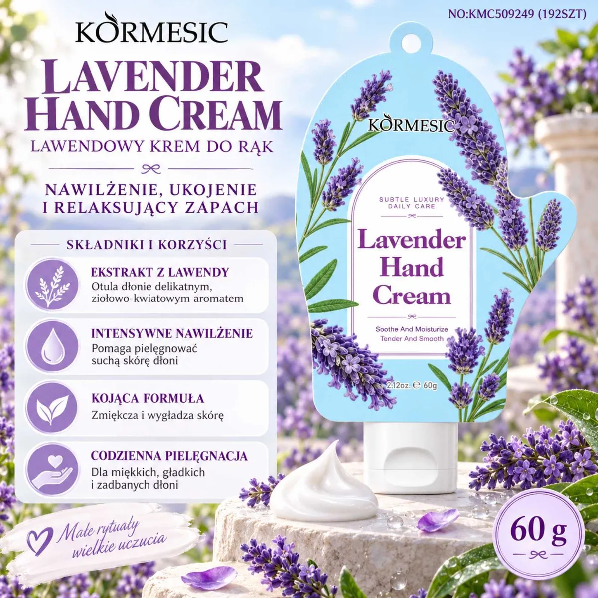 Lawendowy krem do rąk Kormesic 60g z motywem lawendy na niebieskim tle