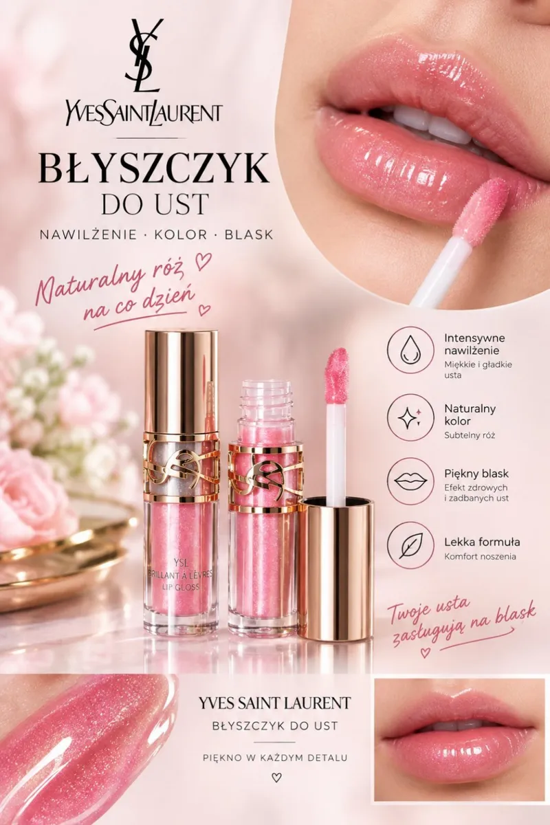 Błyszczyk do ust w naturalnym różowym kolorze z aplikatorem i złotą zakrętką