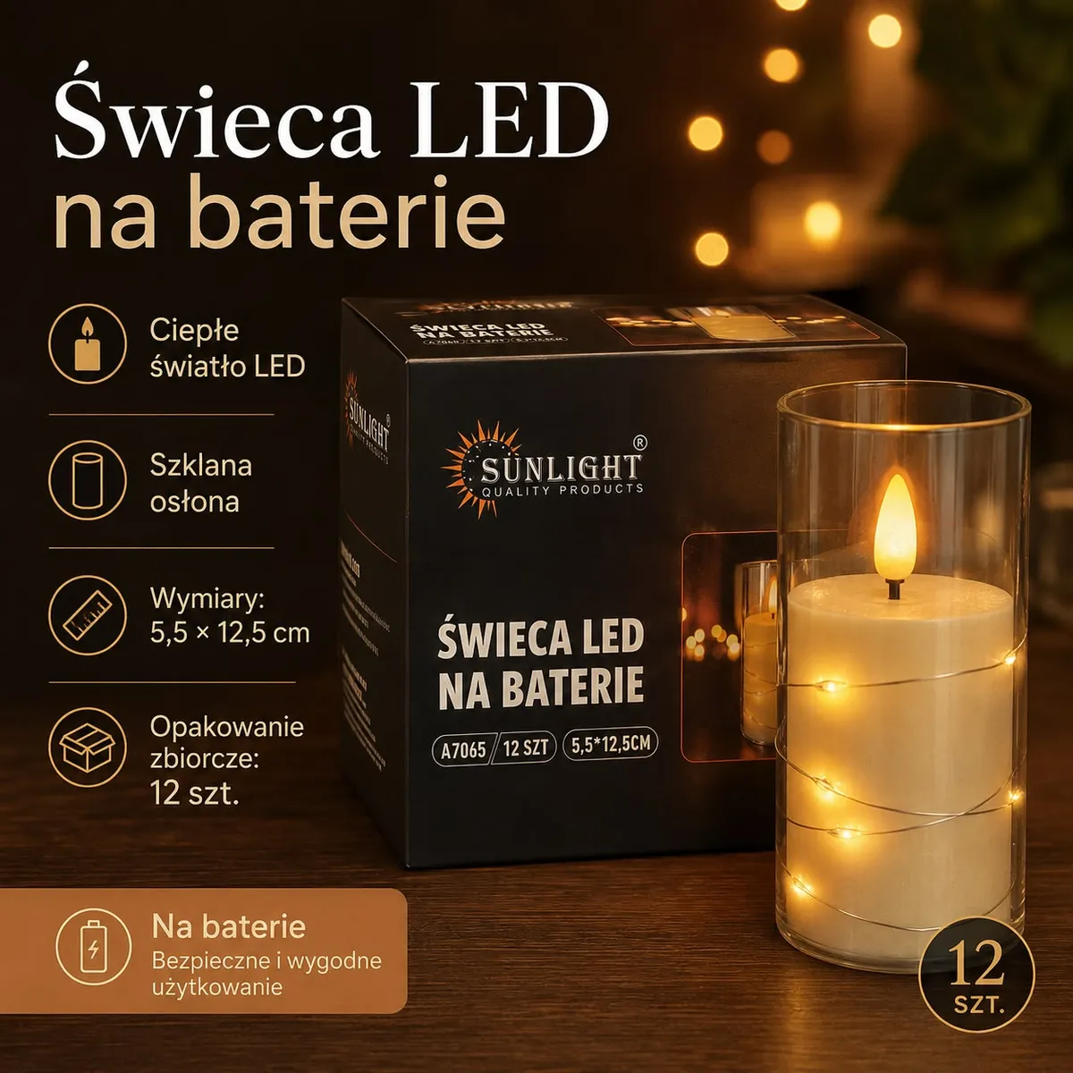 Świeca LED na baterie z ciepłym światłem i szklaną osłoną obok opakowania 12 sztuk