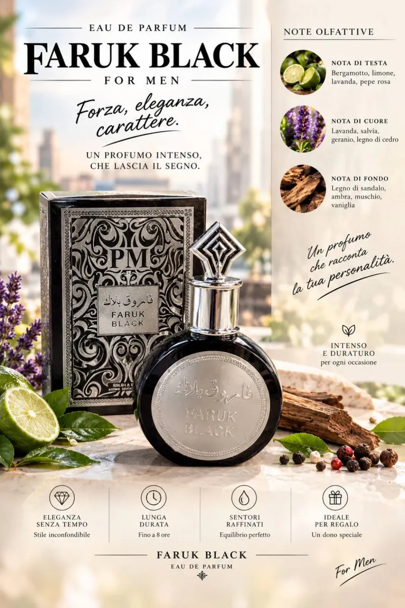 Czarny flakon perfum Faruk Black z metaliczną srebrną plakietką i ozdobnym korkiem, obok eleganckie opakowanie z ornamentami
