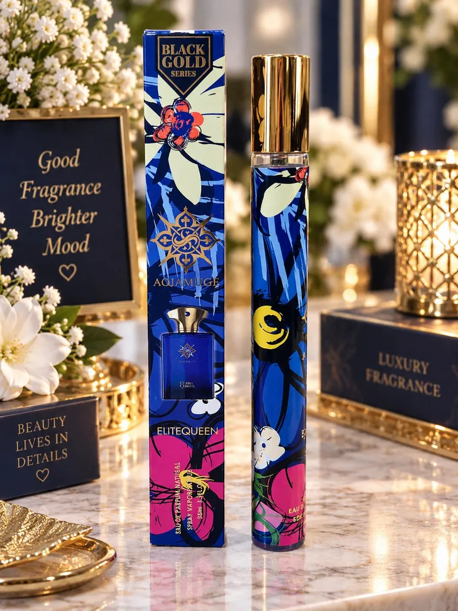 Perfumetka Elitequeen Black Gold Series 35ml z kolorową butelką i złotym korkiem obok kartonowego opakowania