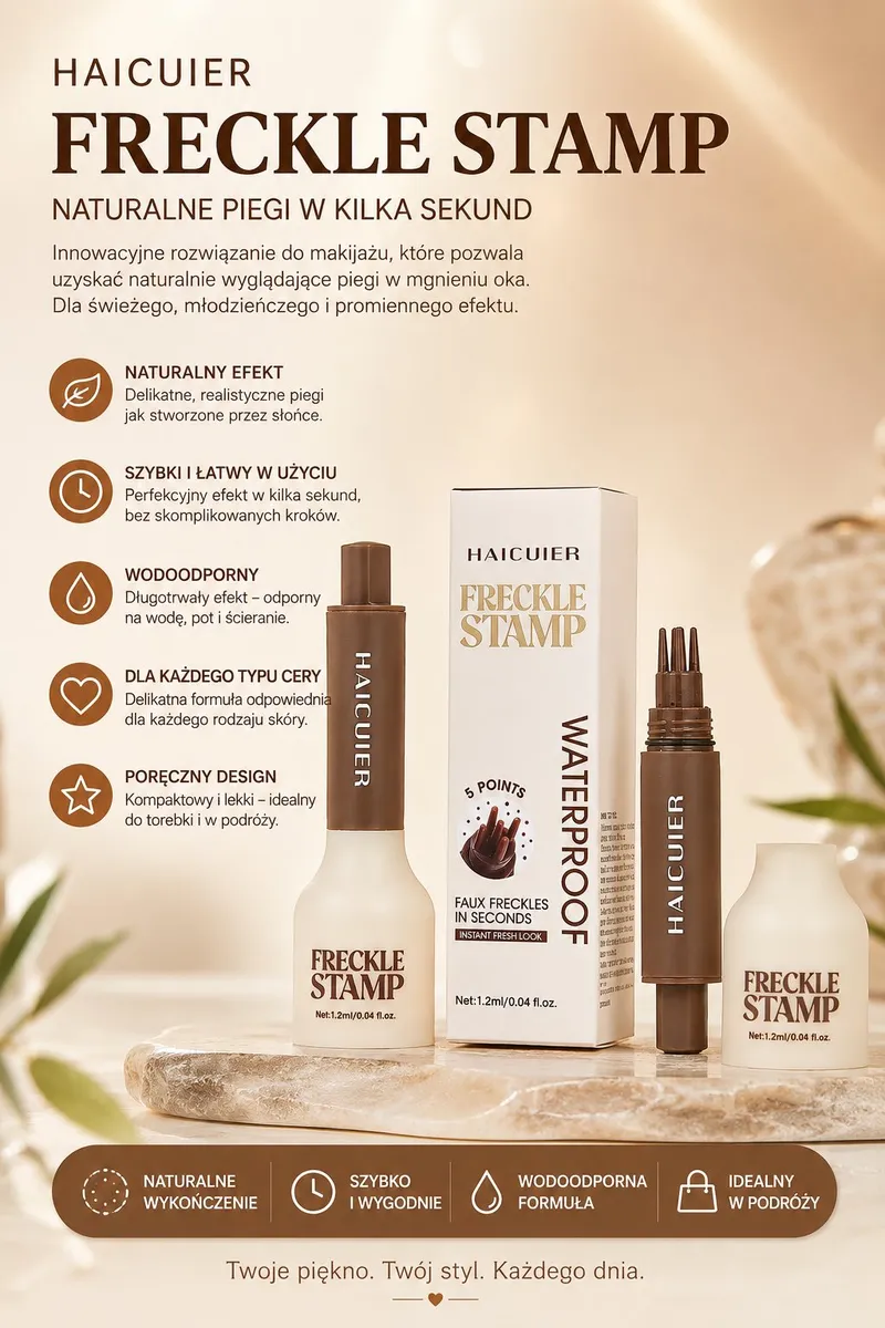 HAICUIER Freckle Stamp kosmetyk do makijażu z brązowym aplikatorem i białym opakowaniem na marmurowej podstawce