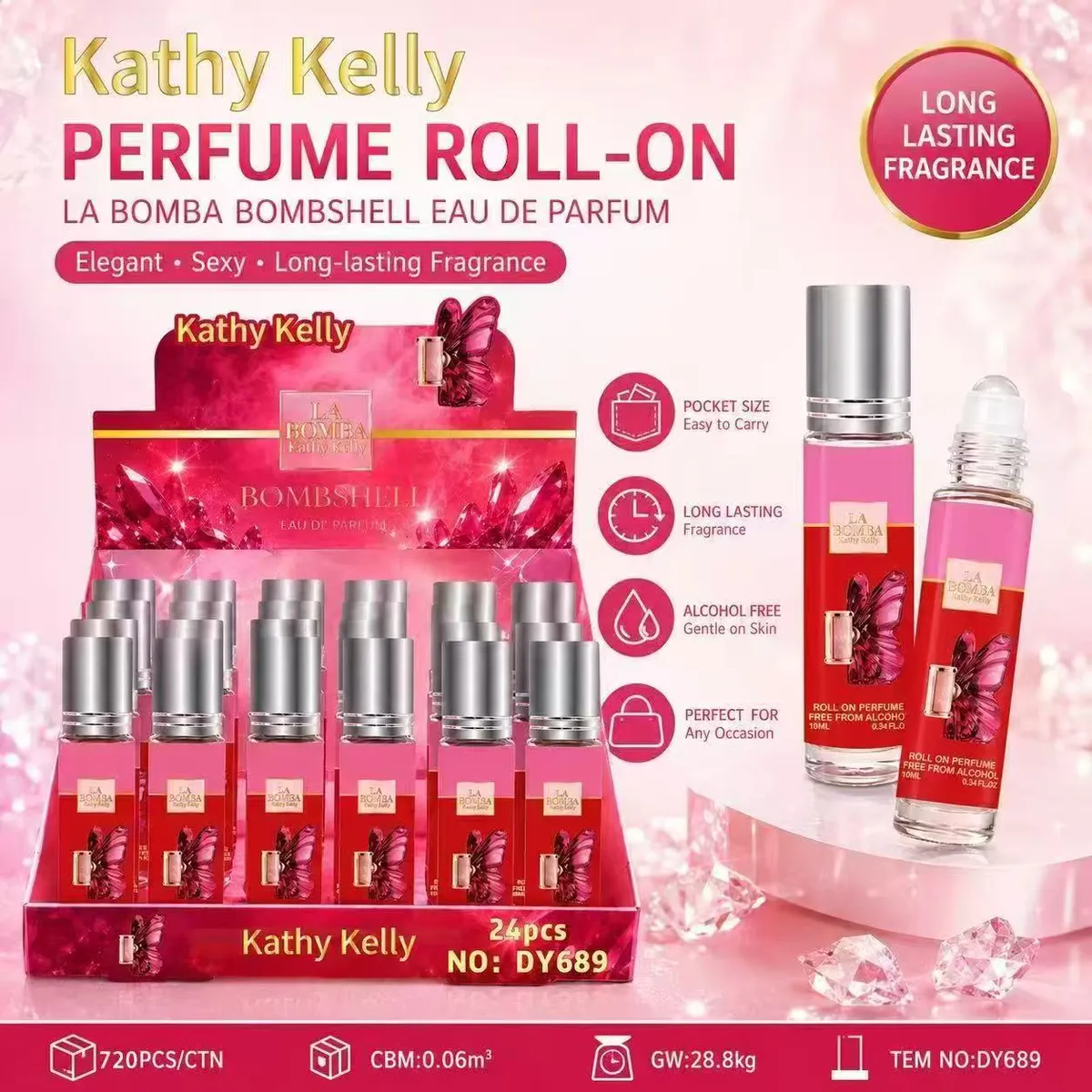 Perfumowany roll-on Kathy Kelly La Bomba Bombshell w różowo-czerwonym flakonie z metaliczną nakrętką