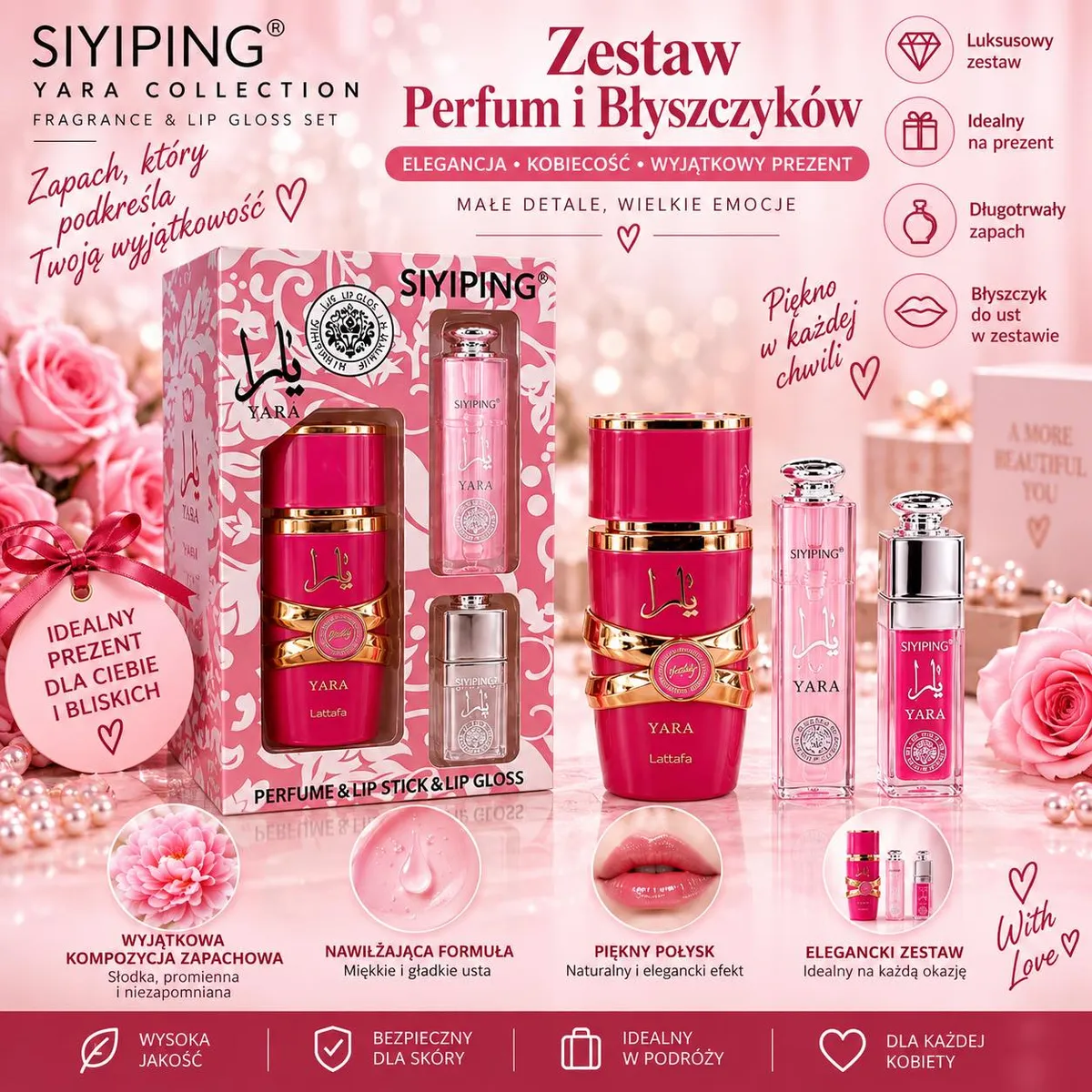 Zestaw perfumy YARA 30ml z różowym błyszczykiem i szminką w ozdobnym opakowaniu z motywem kwiatowym