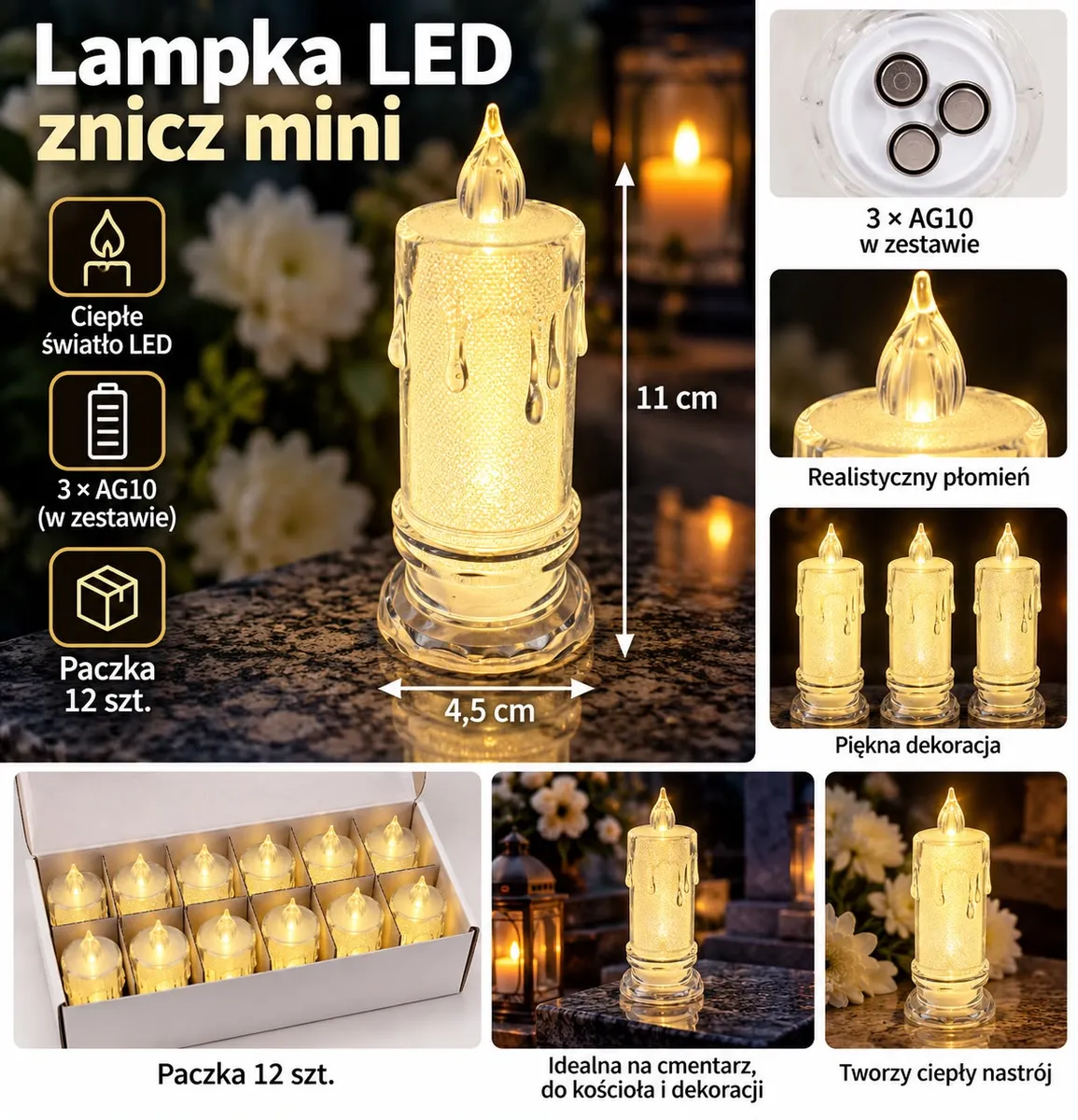 Przezroczysta lampka LED znicz mini 11 cm z realistycznym płomieniem i opakowaniem 12 sztuk