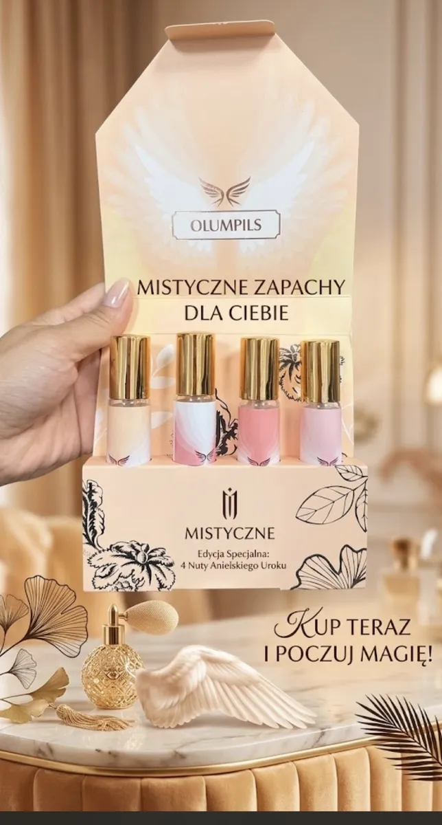 Ręka trzymająca stojak z czterema miniaturowymi perfumami Olumpils w kolorach beżowym, różowym i liliowym, z dodatkowymi deko