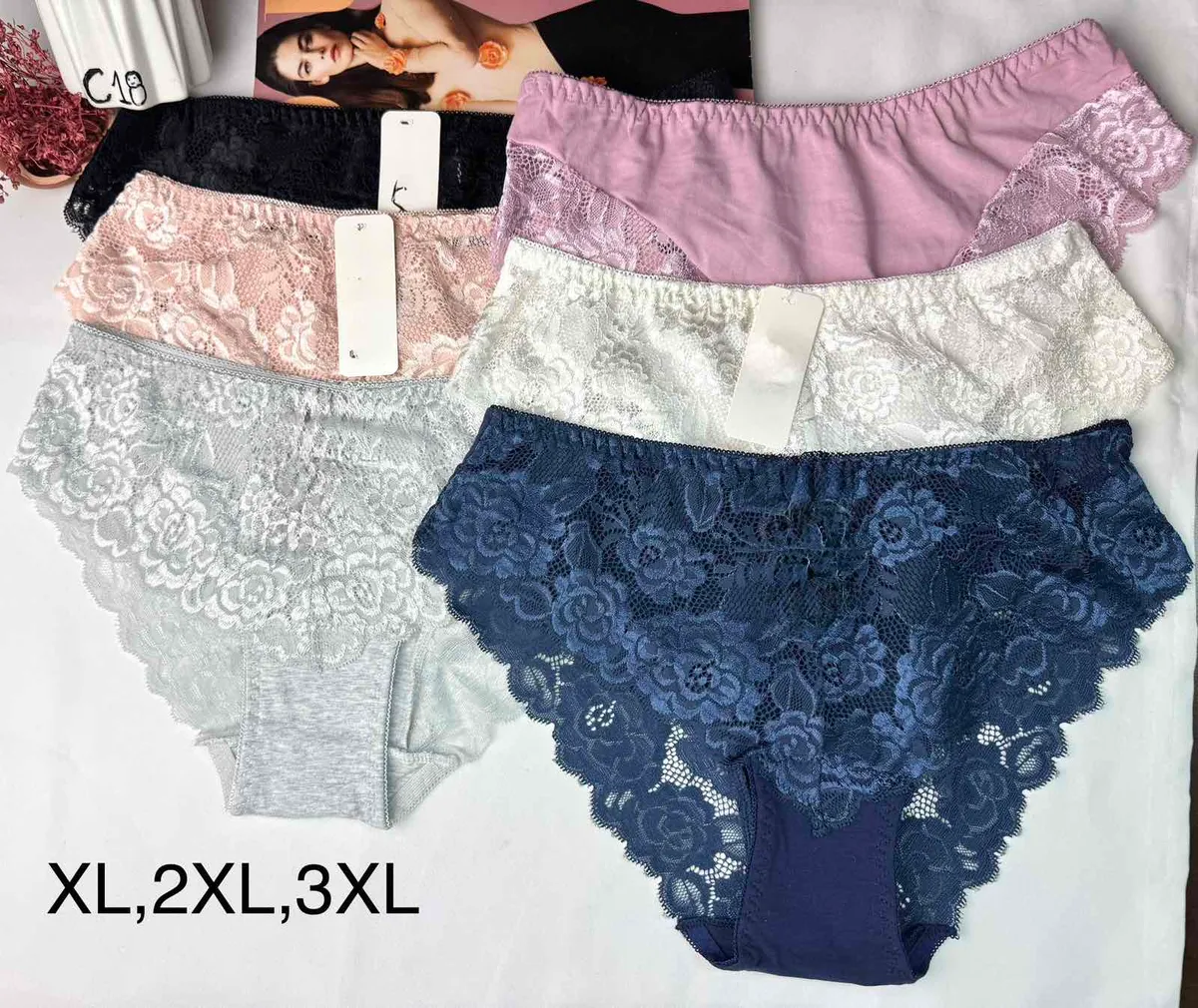 Majtki damskie koronkowe w kolorach czarnym, pudrowym różu, białym, szarym i granatowym, rozmiary XL-3XL