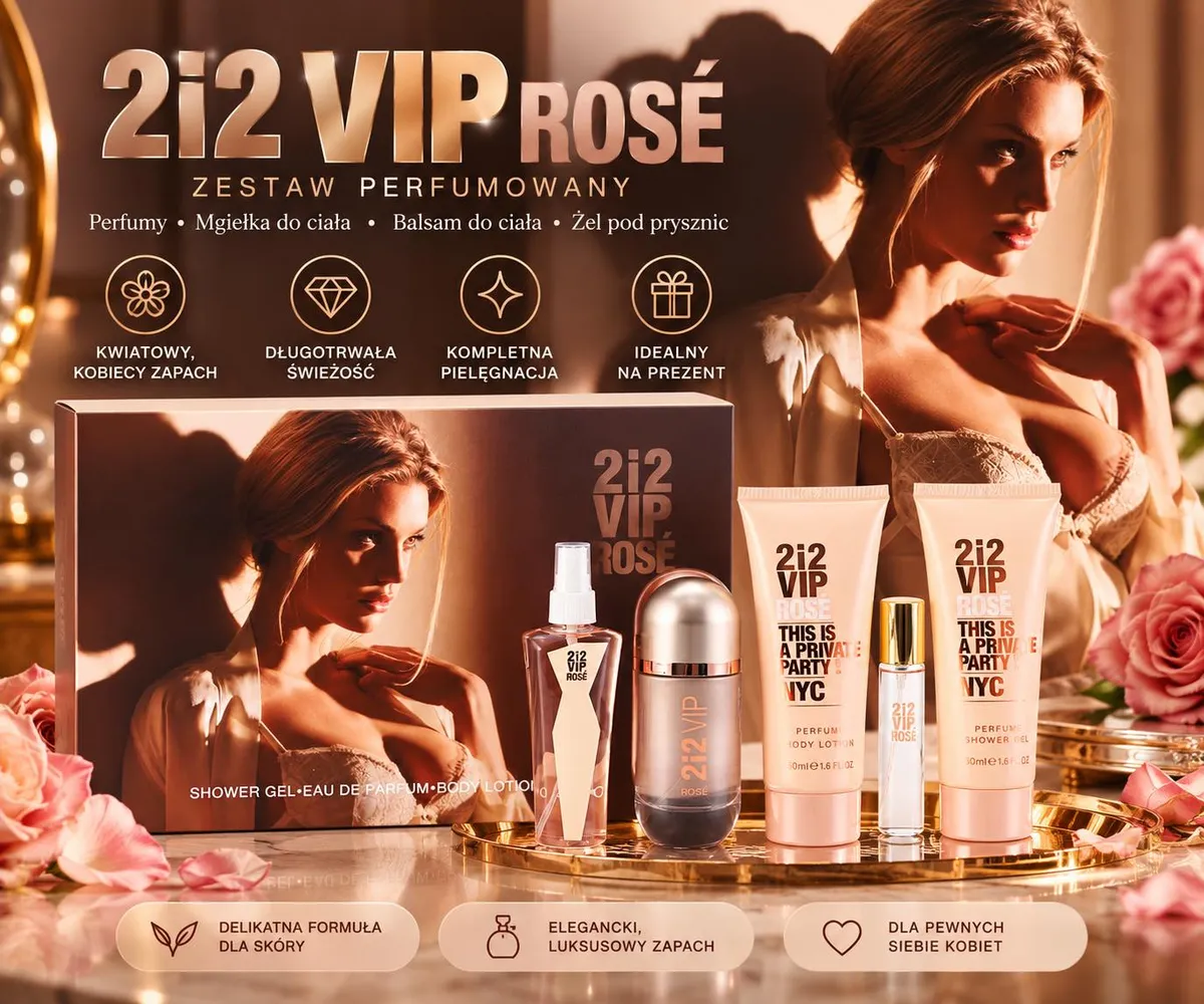 Zestaw perfumowany 2i2 VIP Rosé z mgiełką, balsamem, żelem pod prysznic i perfumami w złoto-różowym opakowaniu