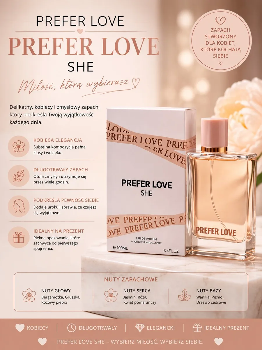 Flakon damskiej wody perfumowanej Prefer Love SHE 100 ml z jasnoróżową nakrętką i eleganckie opakowanie
