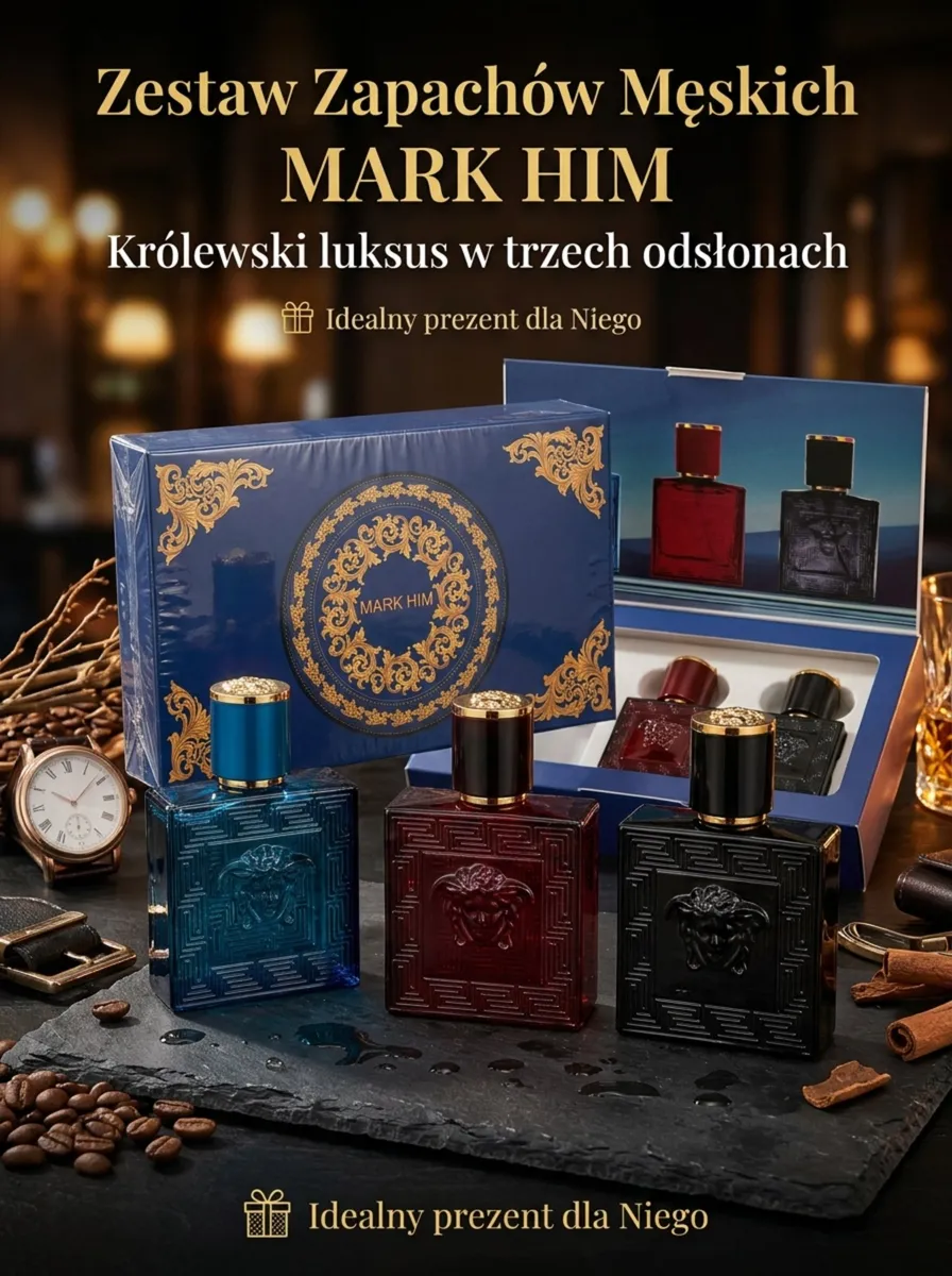 Zestaw trzech męskich perfum mark him w granatowym opakowaniu z złotymi zdobieniami