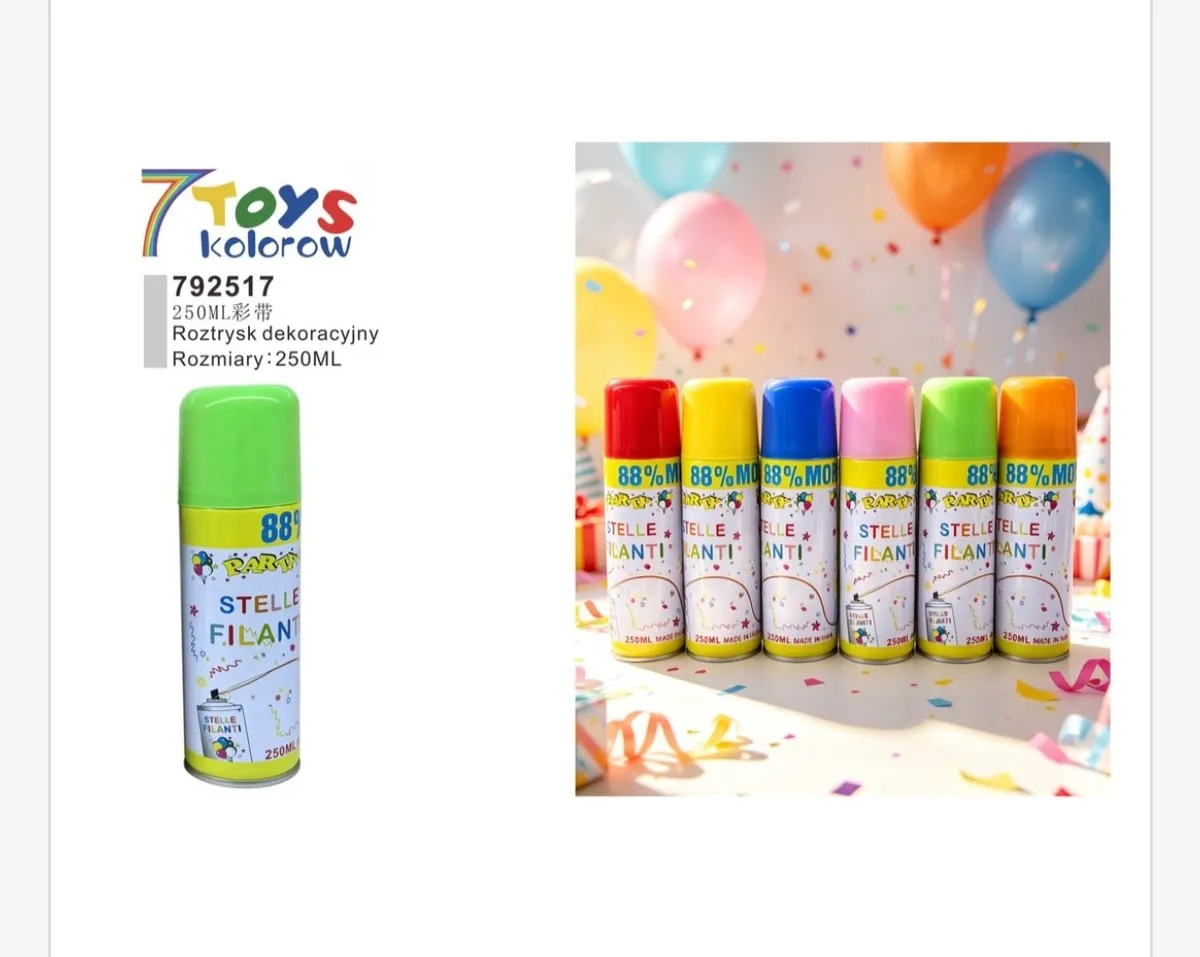 Zestaw kolorowych sprayów roztrysków dekoracyjnych 250 ml na tle balonów i konfetti