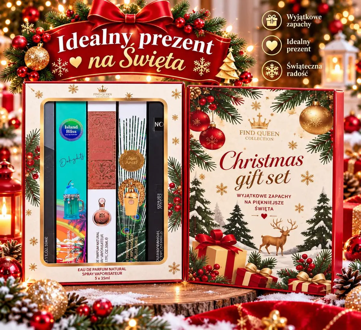 Zestaw pięciu perfumetek 35 ml w świątecznym opakowaniu z motywem choinki i prezentów